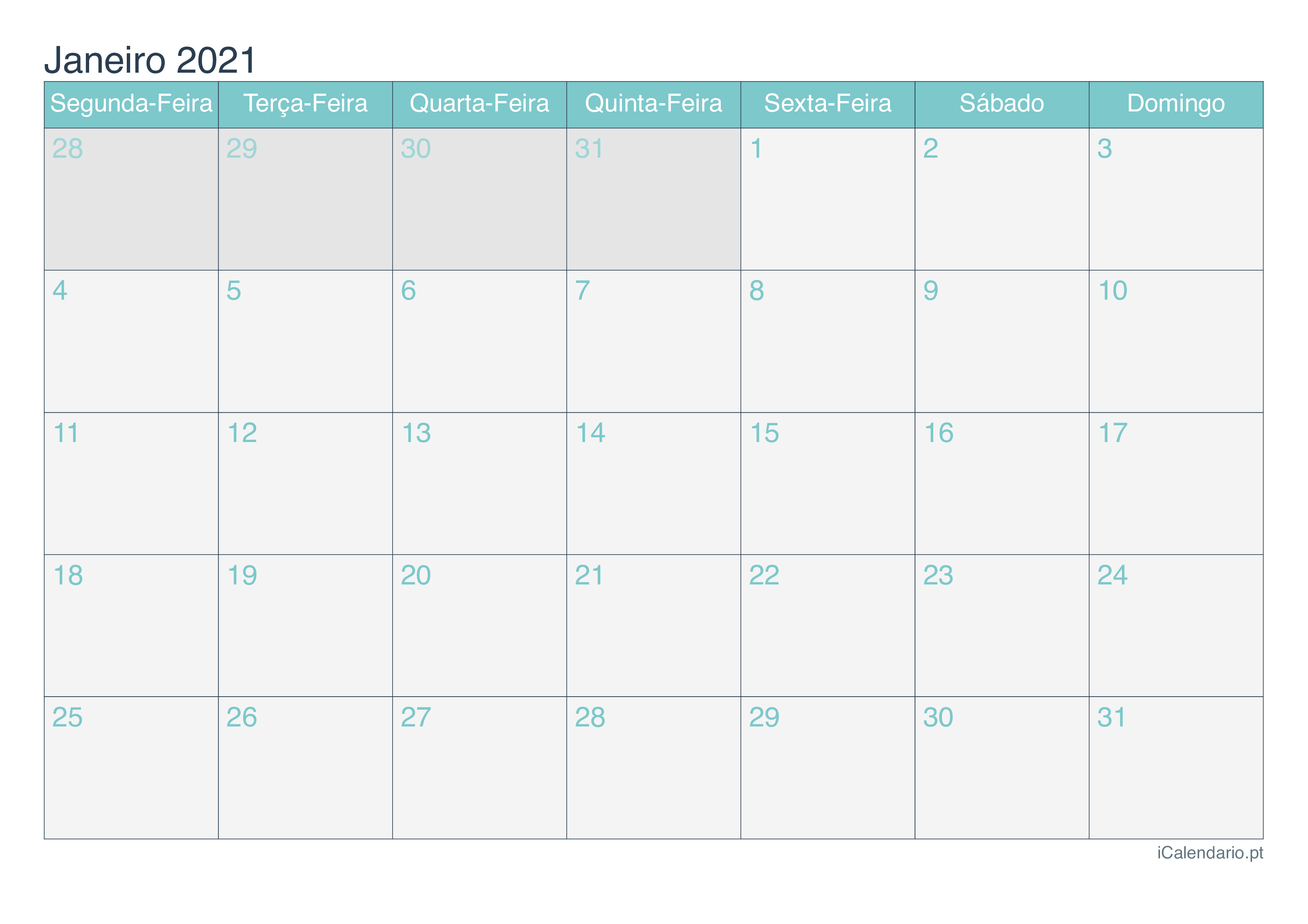 Calendário por mês 2021 - Turquesa