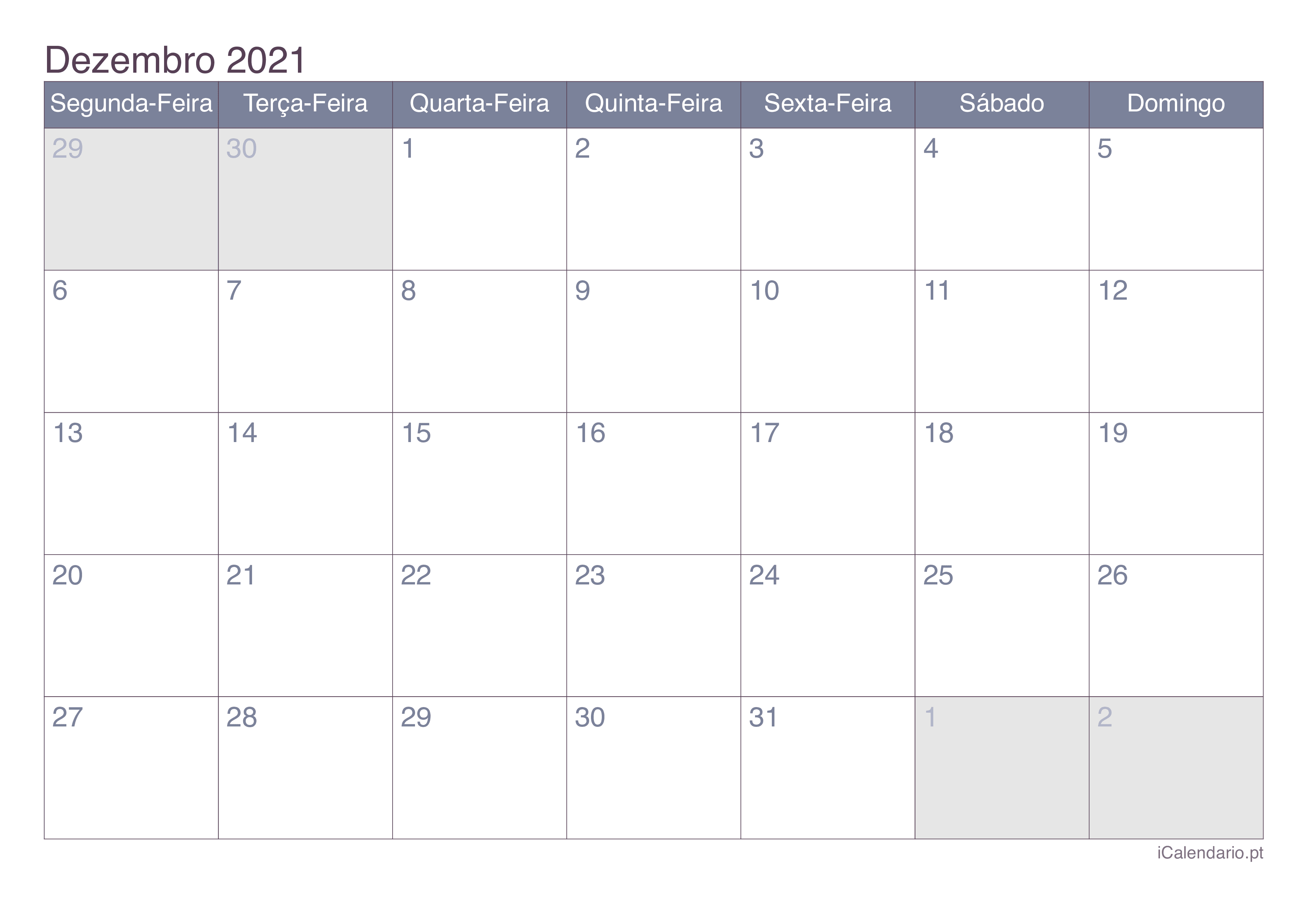 Calendário de dezembro 2021 - Office
