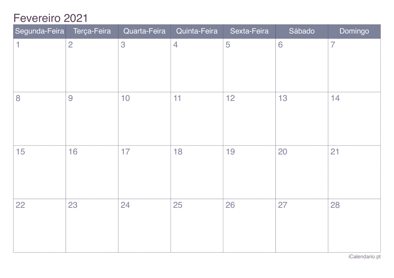 Calendário de fevereiro 2021 - Office
