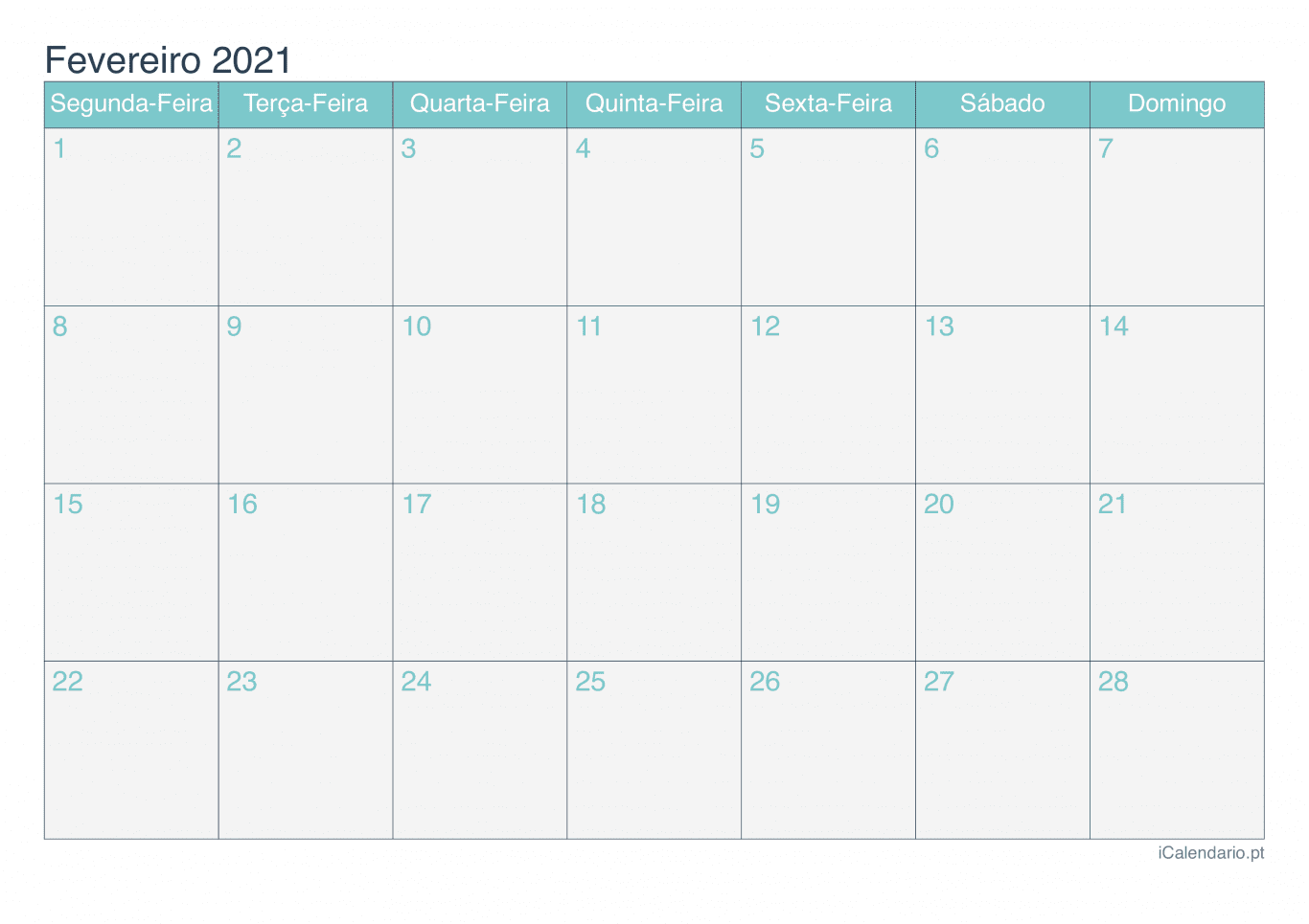 Calendário de fevereiro 2021 - Turquesa