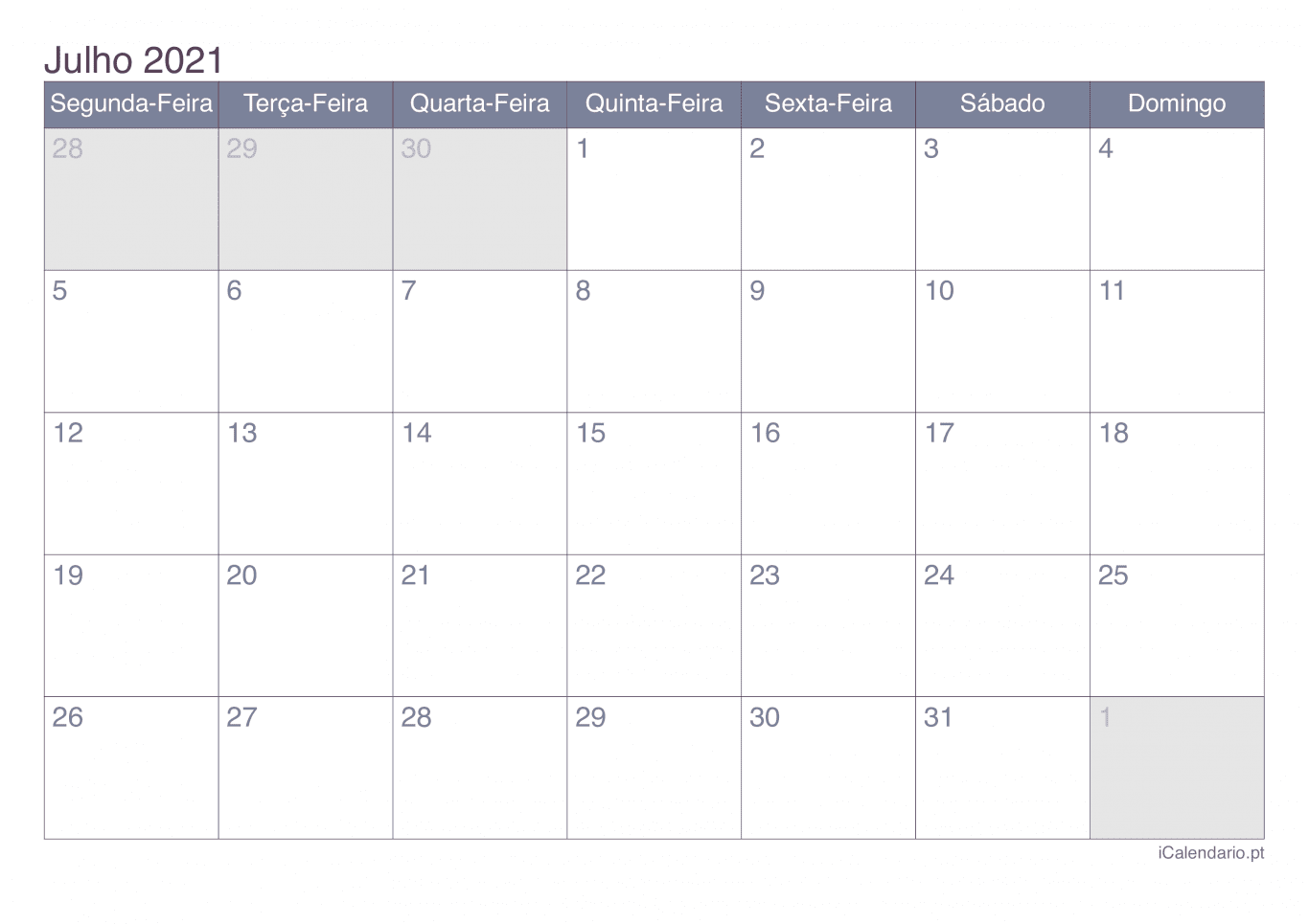 Calendário de julho 2021 - Office