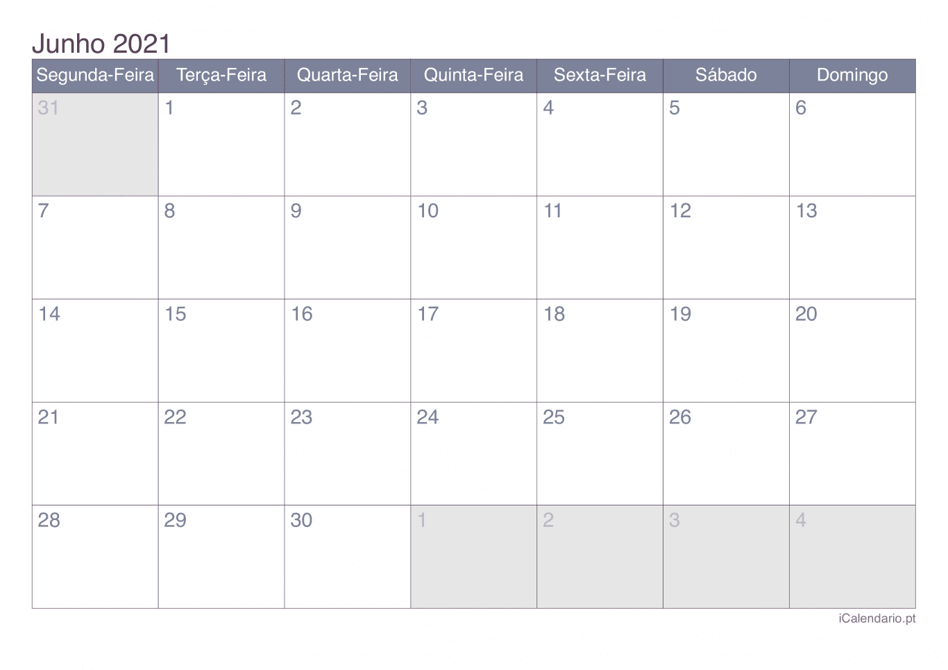 Calendário de junho 2021 - Office