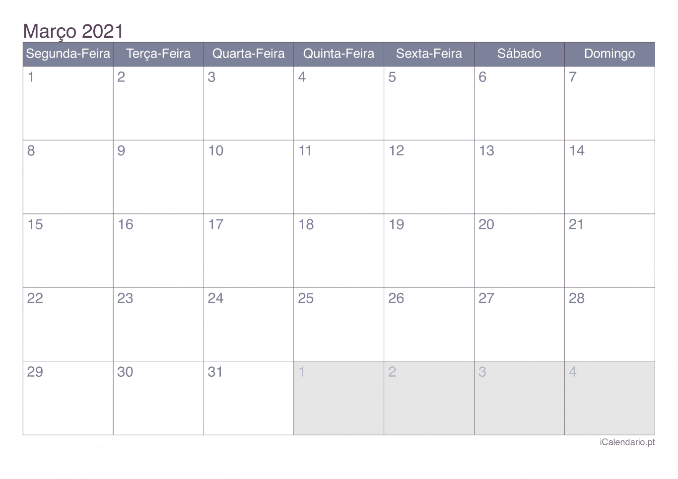 Calendário de março 2021 - Office