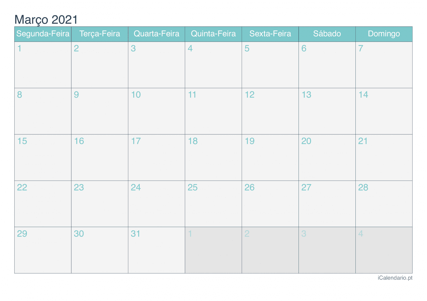 Calendário de março 2021 - Turquesa