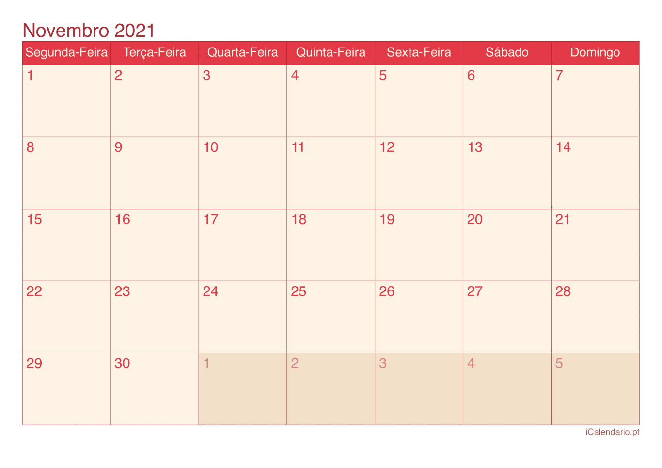 Calendário de novembro 2021 - Cherry