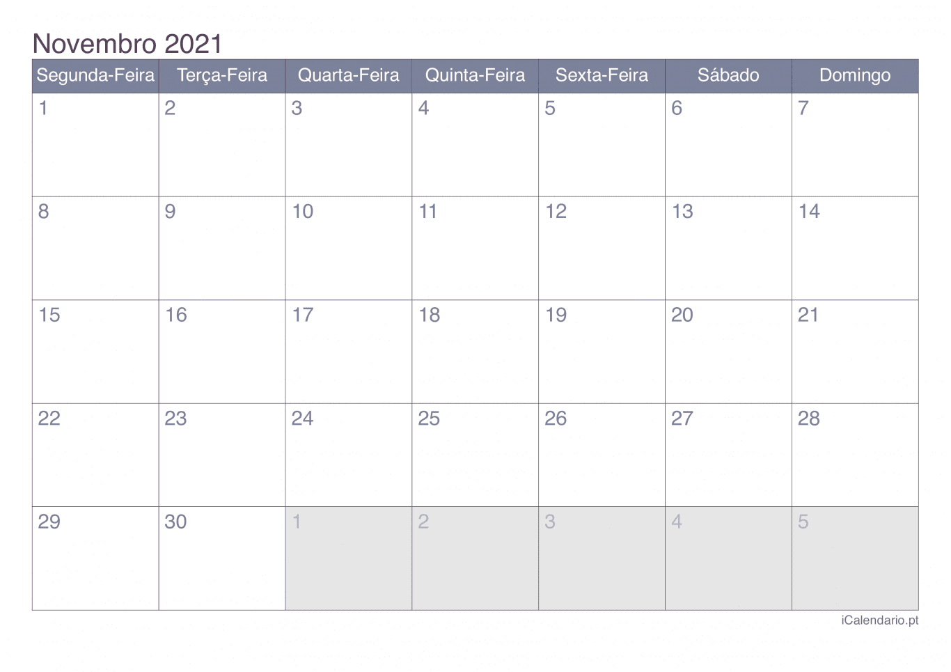 Calendário de novembro 2021 - Office