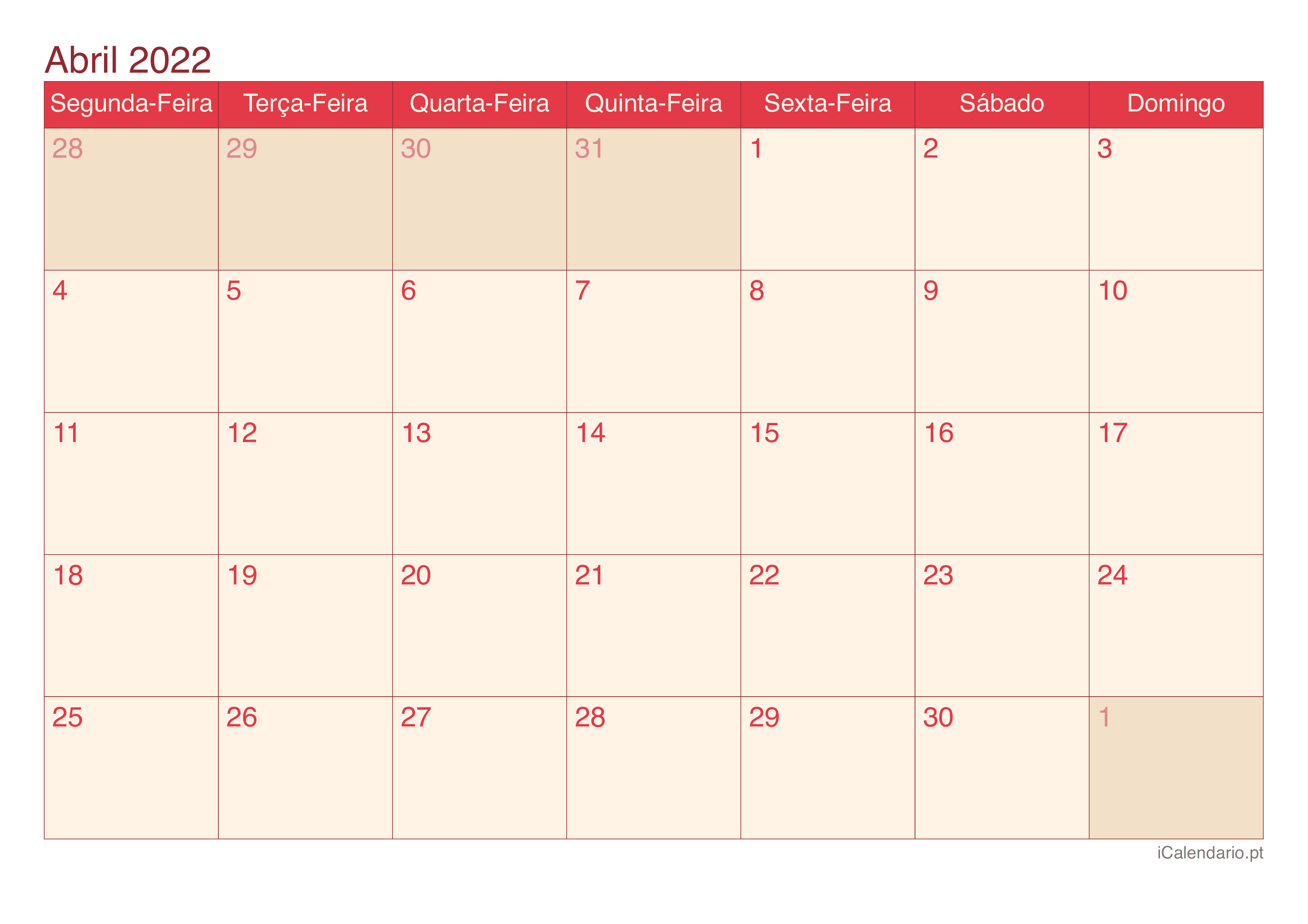 Calendário de abril 2022 - Cherry