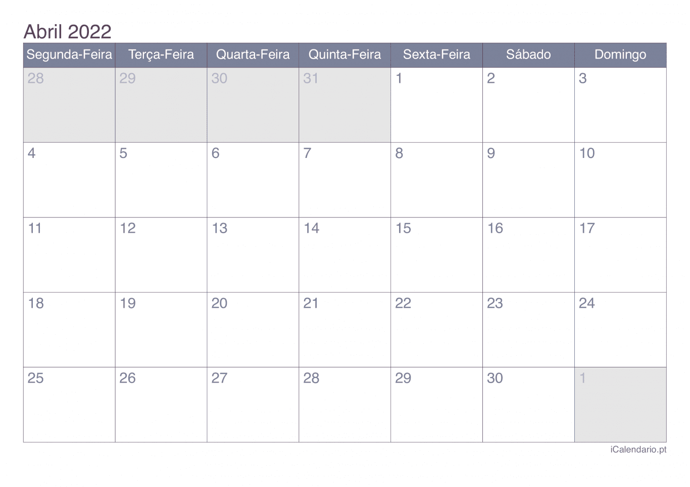 Calendário de abril 2022 - Office