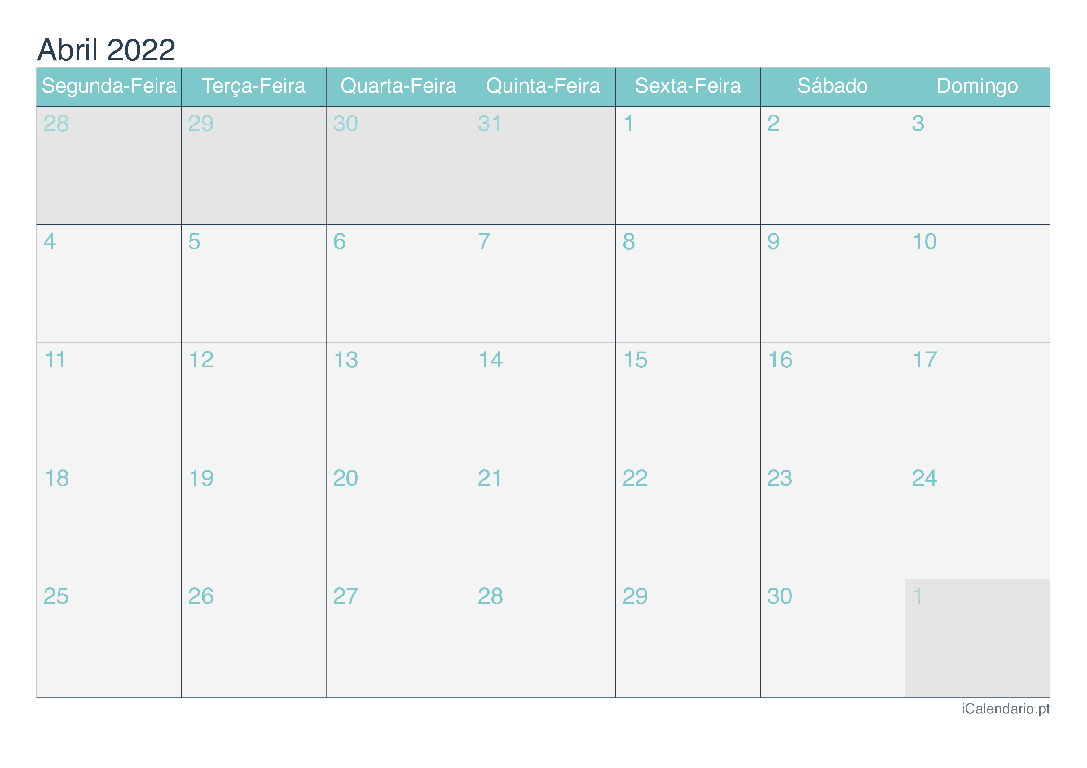 Calendário de abril 2022 - Turquesa