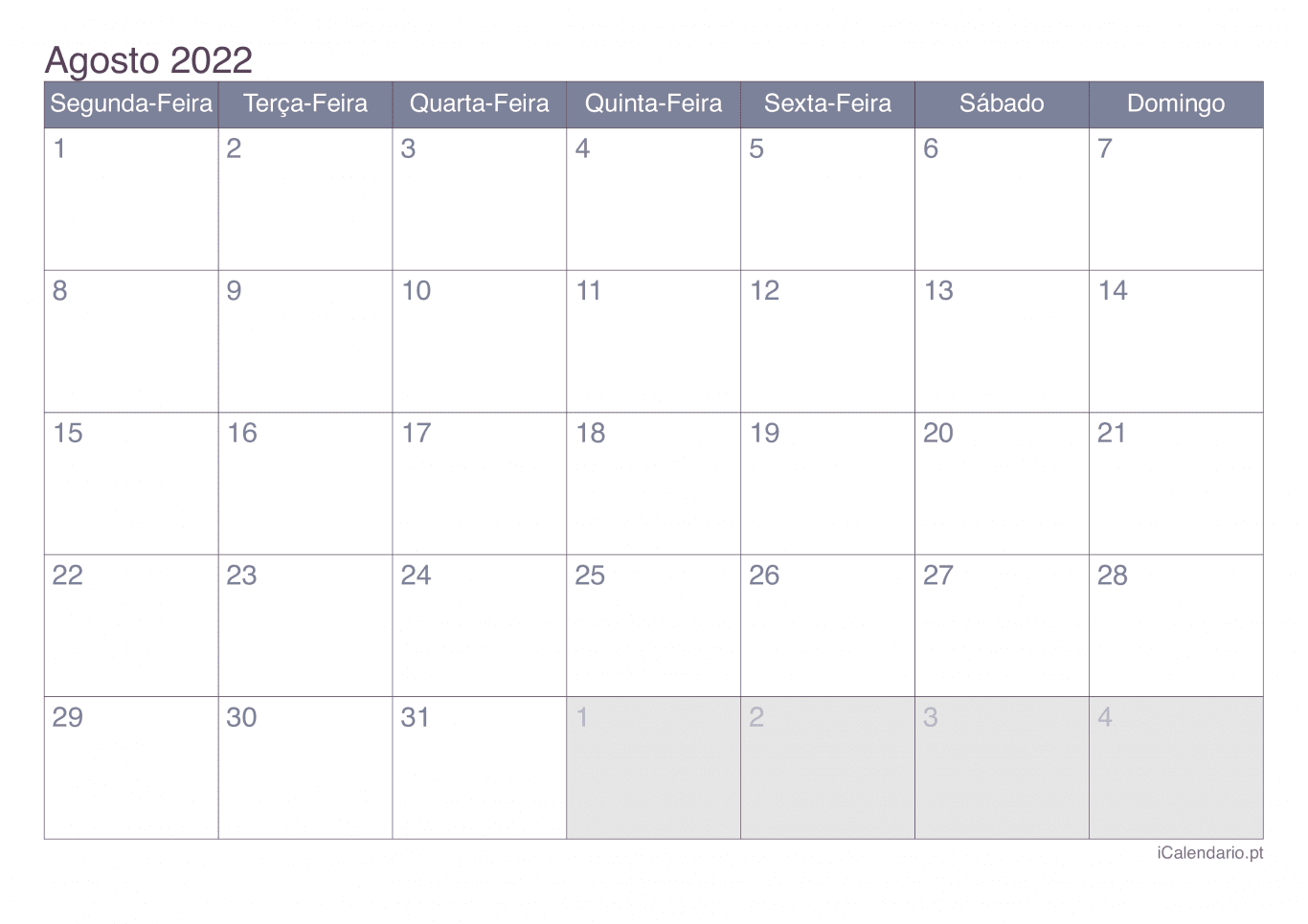 Calendário de agosto 2022 - Office