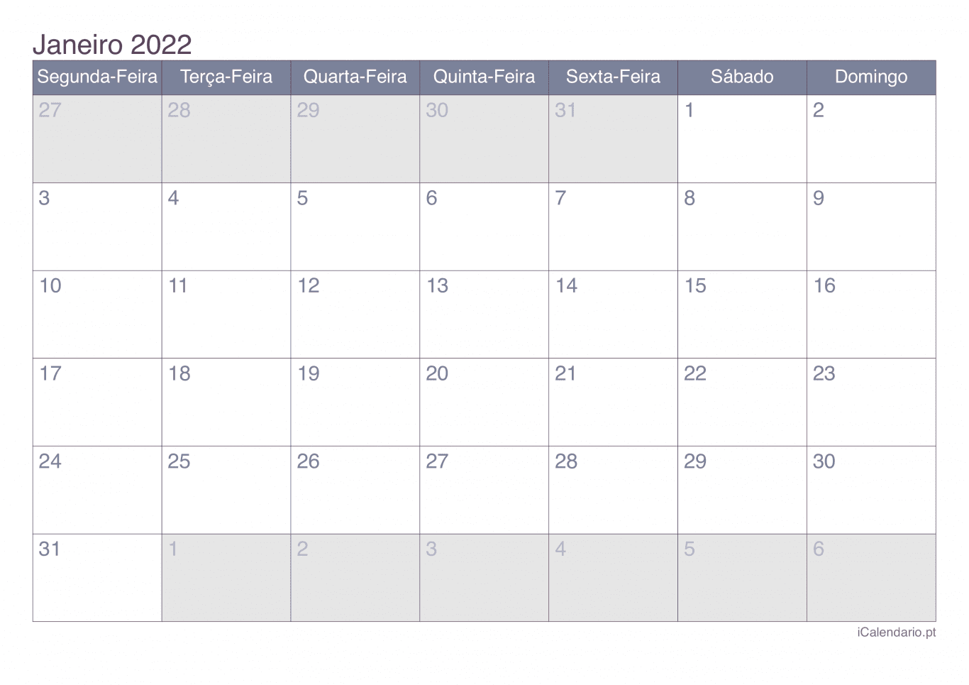 Calendário por mês 2022 - Office