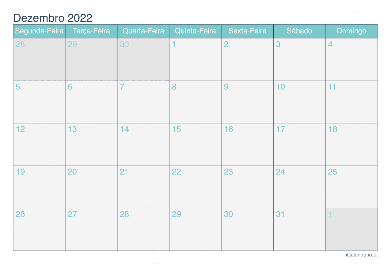 Calendário de dezembro 2022 - Turquesa