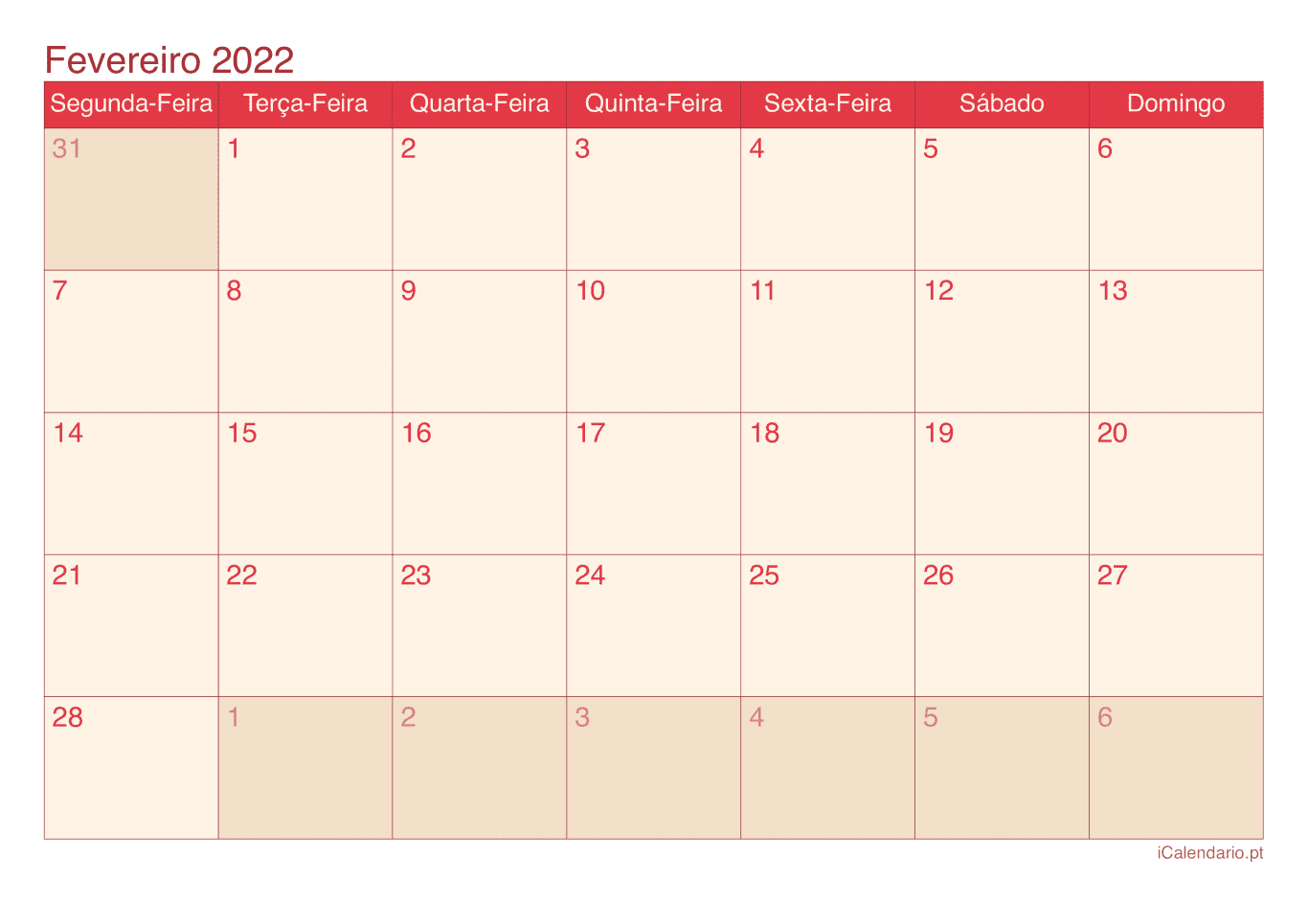 Calendário de fevereiro 2022 - Cherry