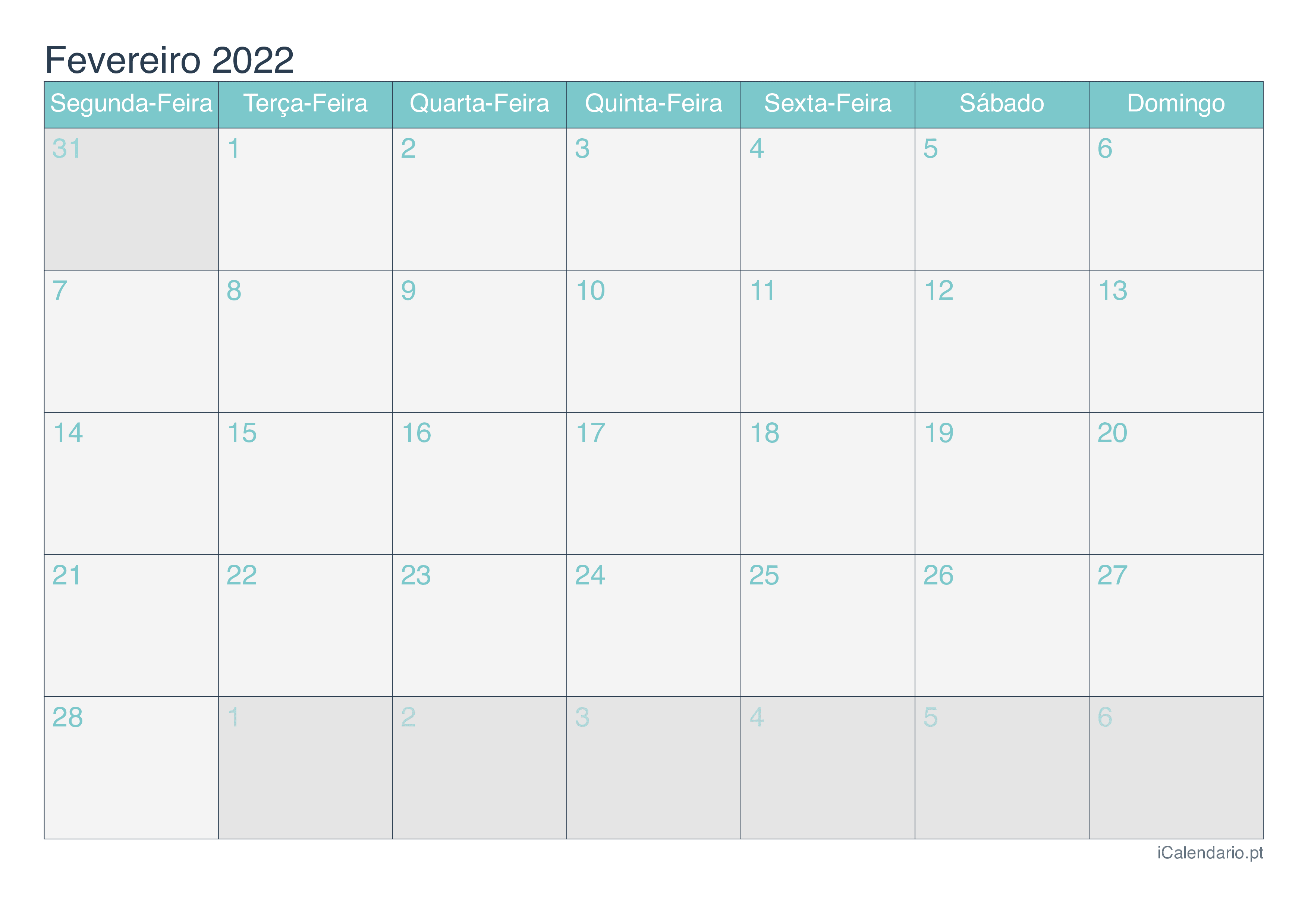 Calendário de fevereiro 2022 - Turquesa