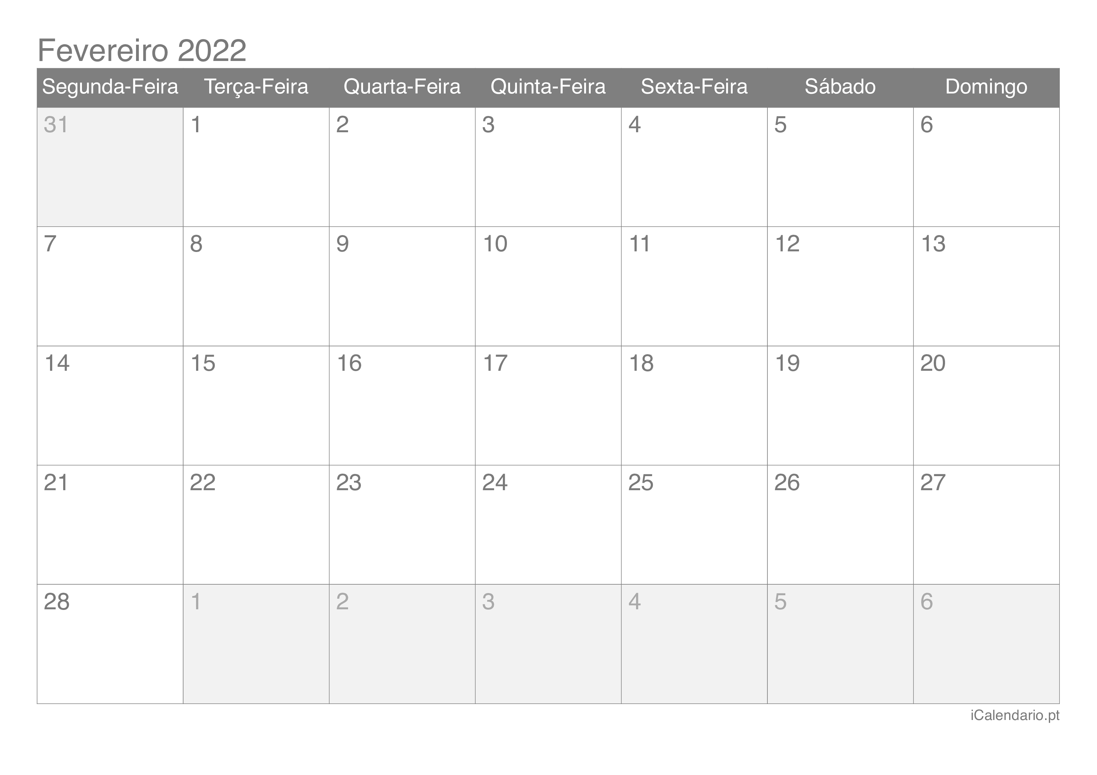 Calendário de fevereiro 2022