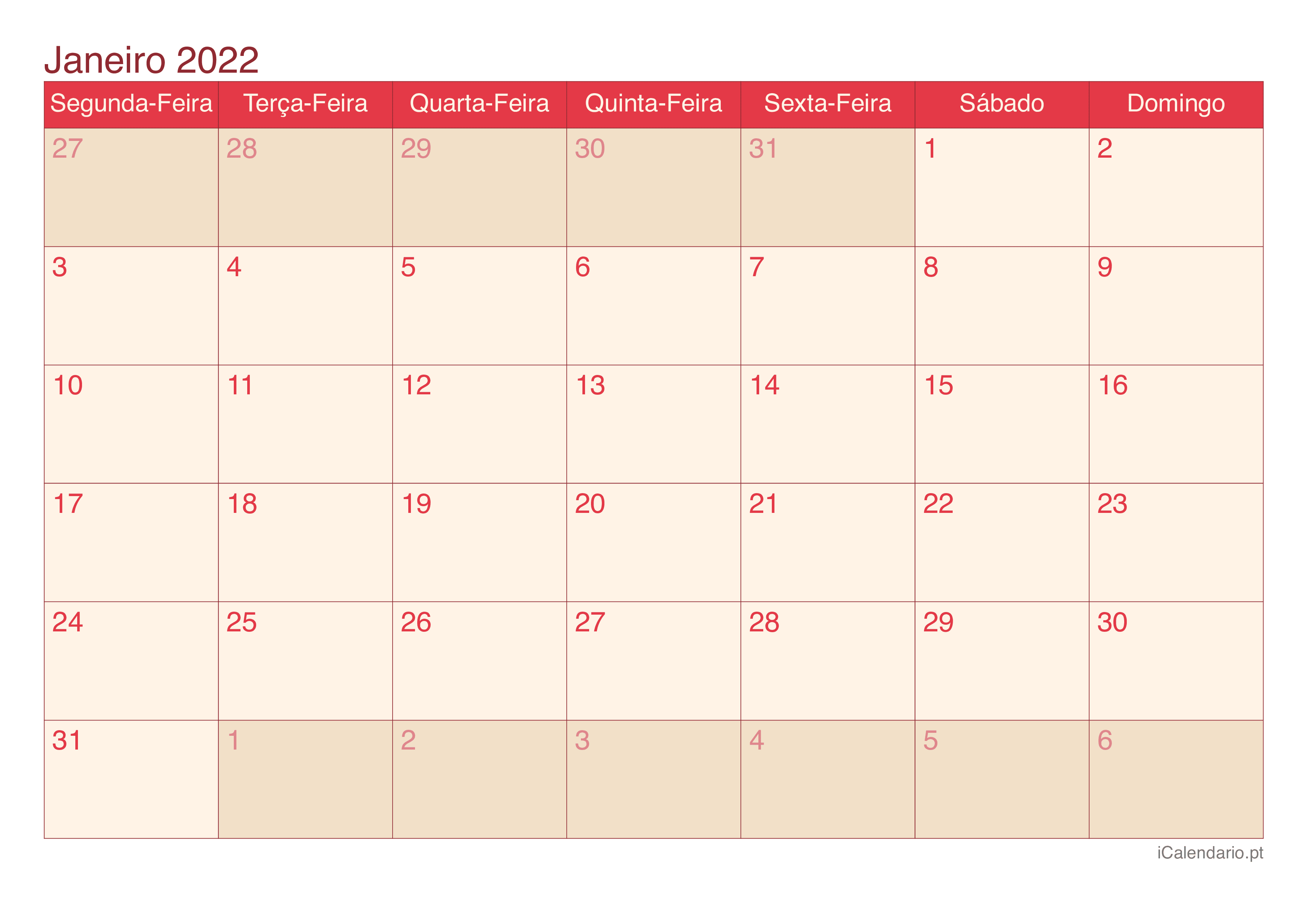 Calendário de janeiro 2022 - Cherry