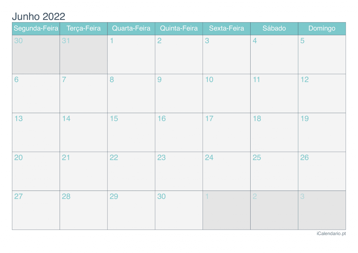 Calendário de junho 2022 - Turquesa