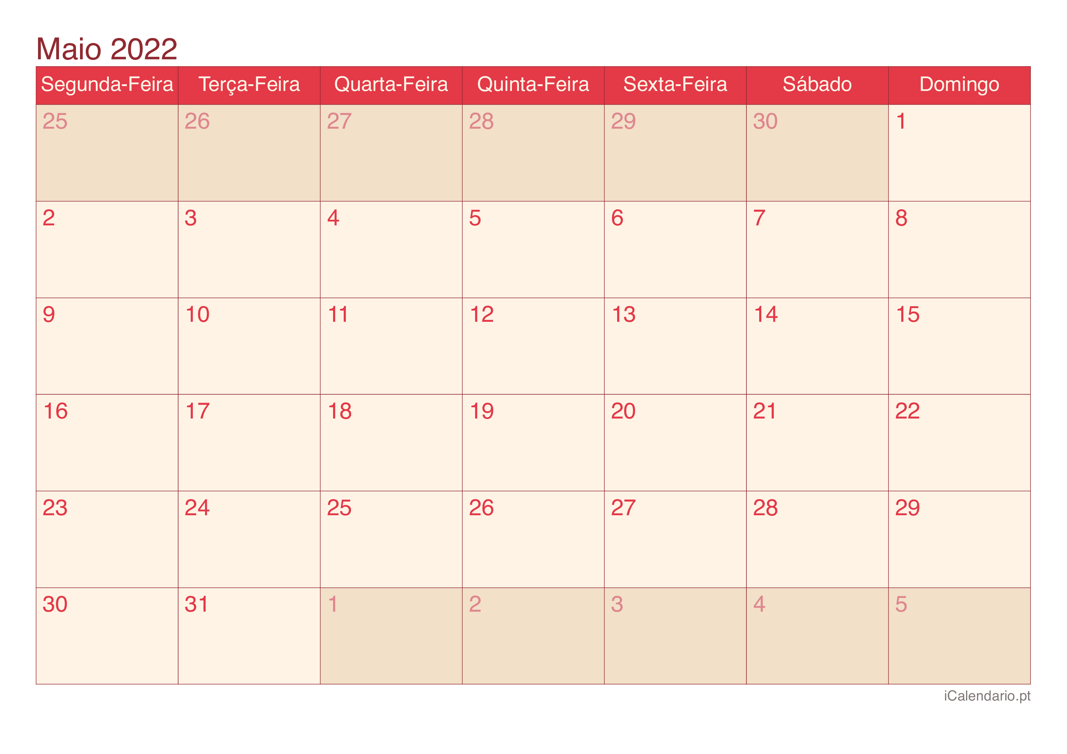 Calendário de maio 2022 - Cherry