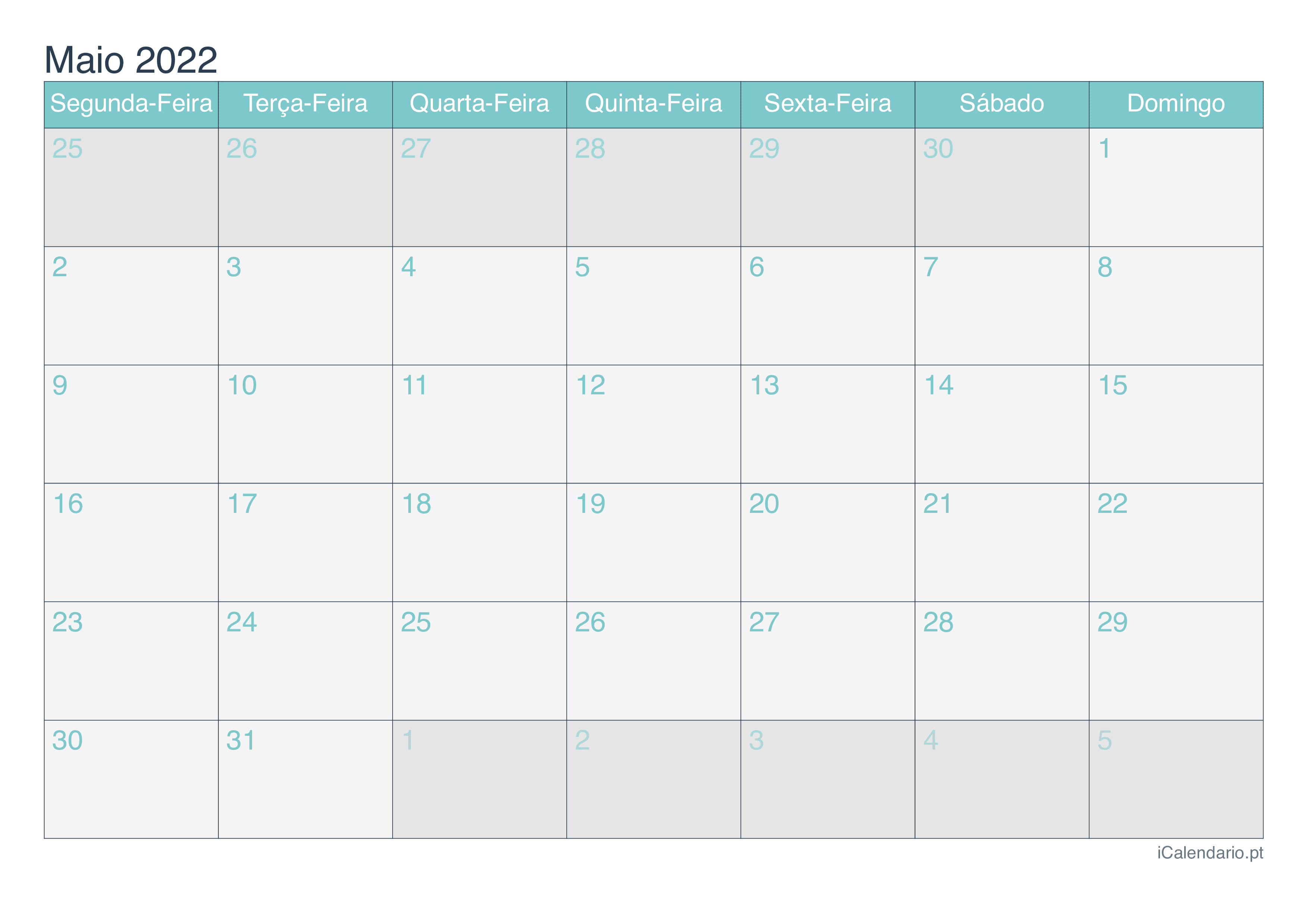 Calendário de maio 2022 - Turquesa