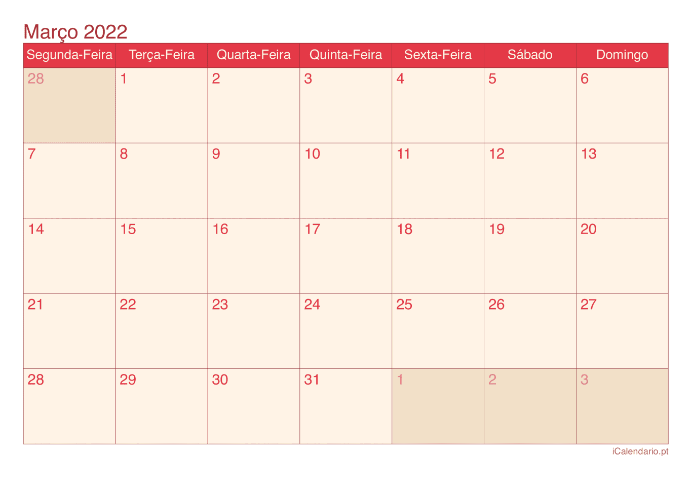 Calendário de março 2022 - Cherry