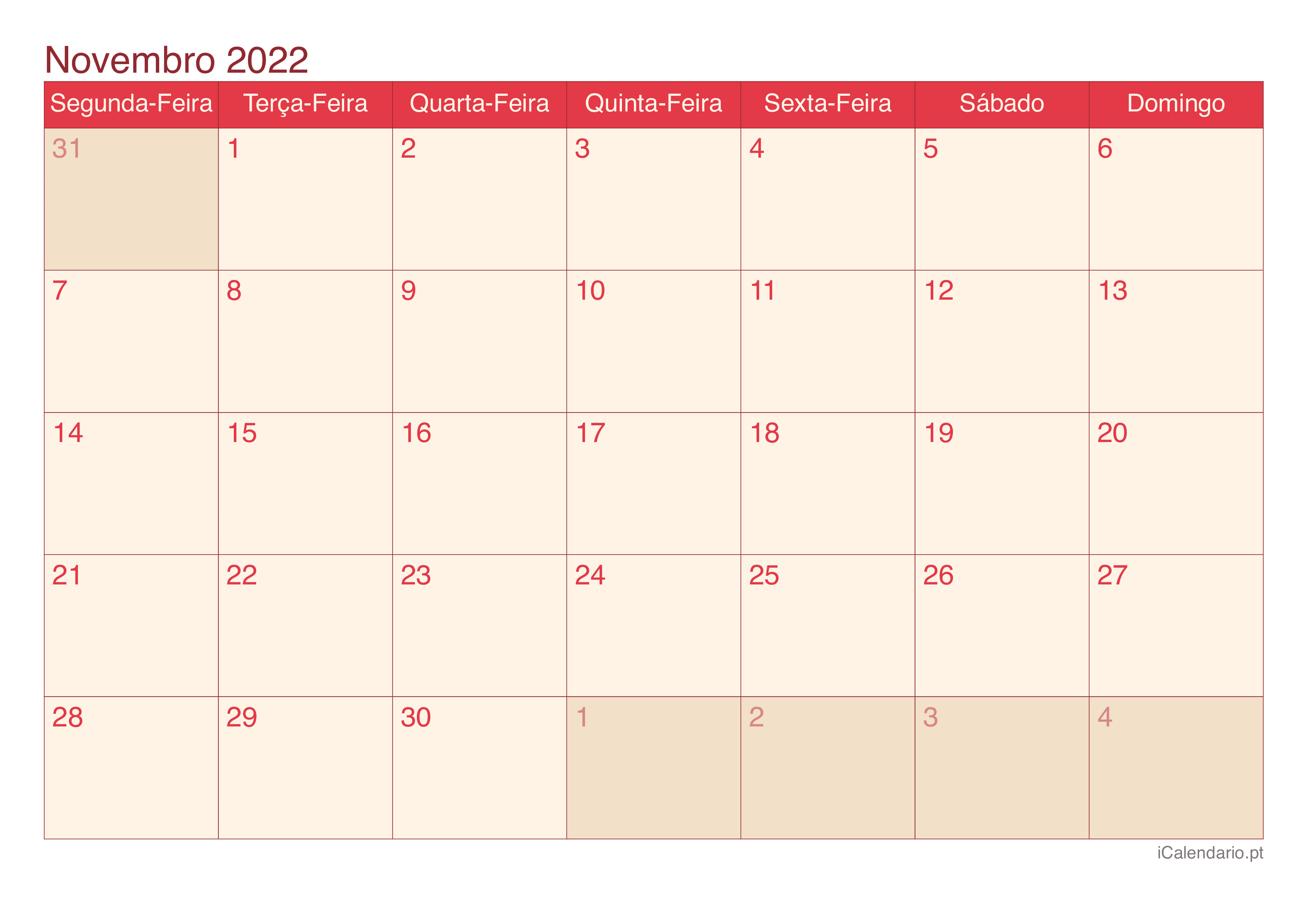 Calendário de novembro 2022 - Cherry