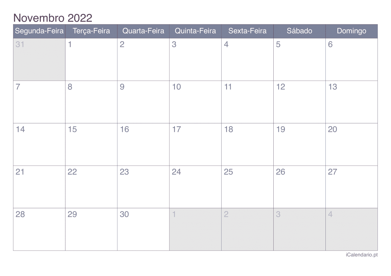 Calendário de novembro 2022 - Office