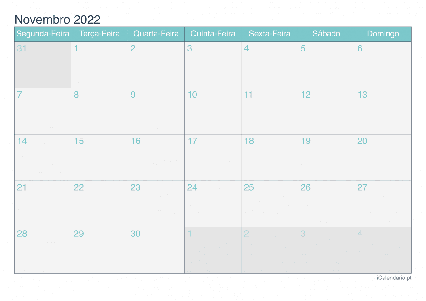 Calendário de novembro 2022 - Turquesa