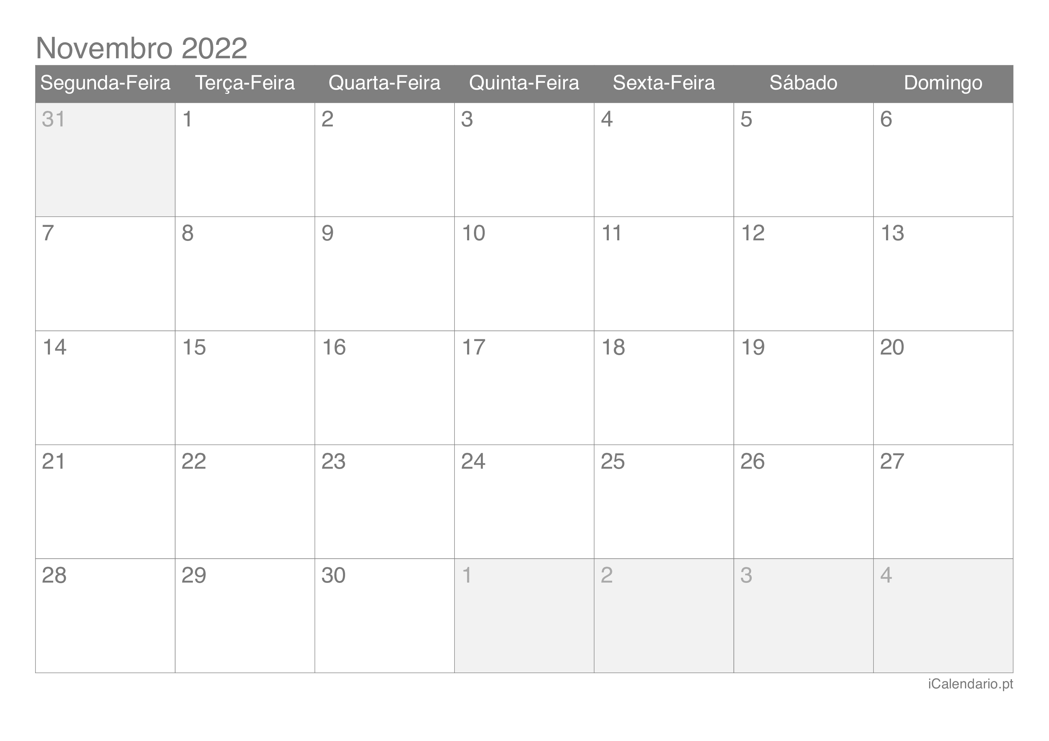 Calendário de novembro 2022
