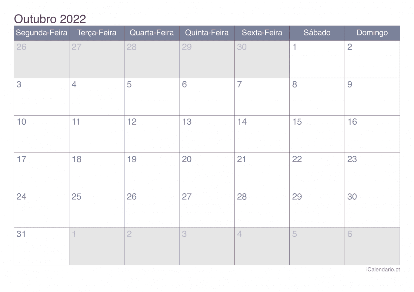 Calendário de outubro 2022 - Office