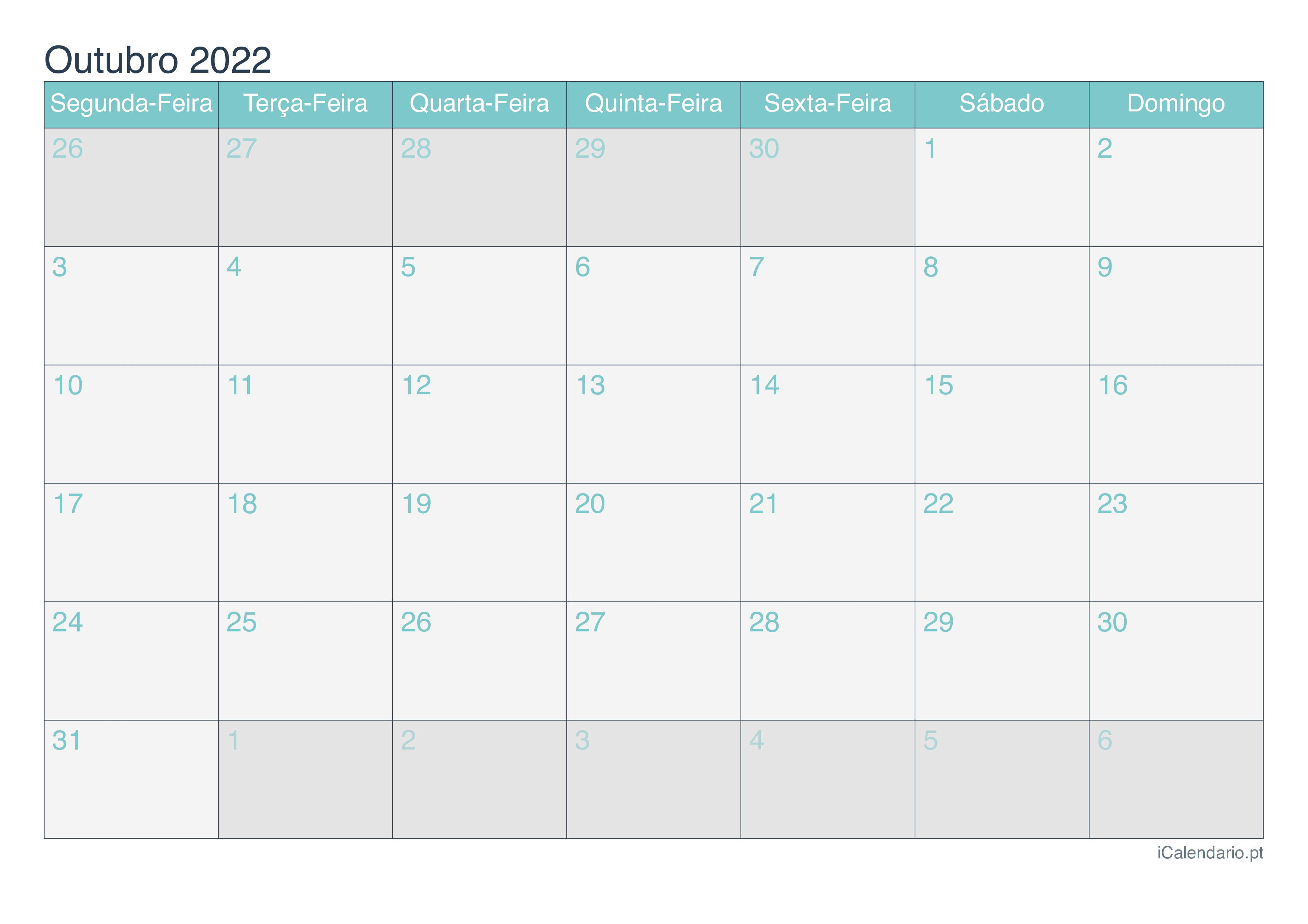 Bloco trimestral do calendário para o ano de 2022, outubro de 2022