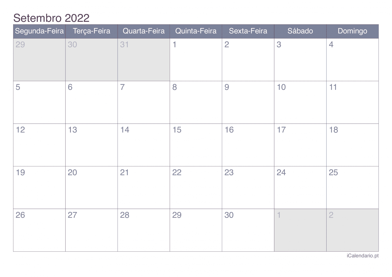 Calendário de setembro 2022 - Office