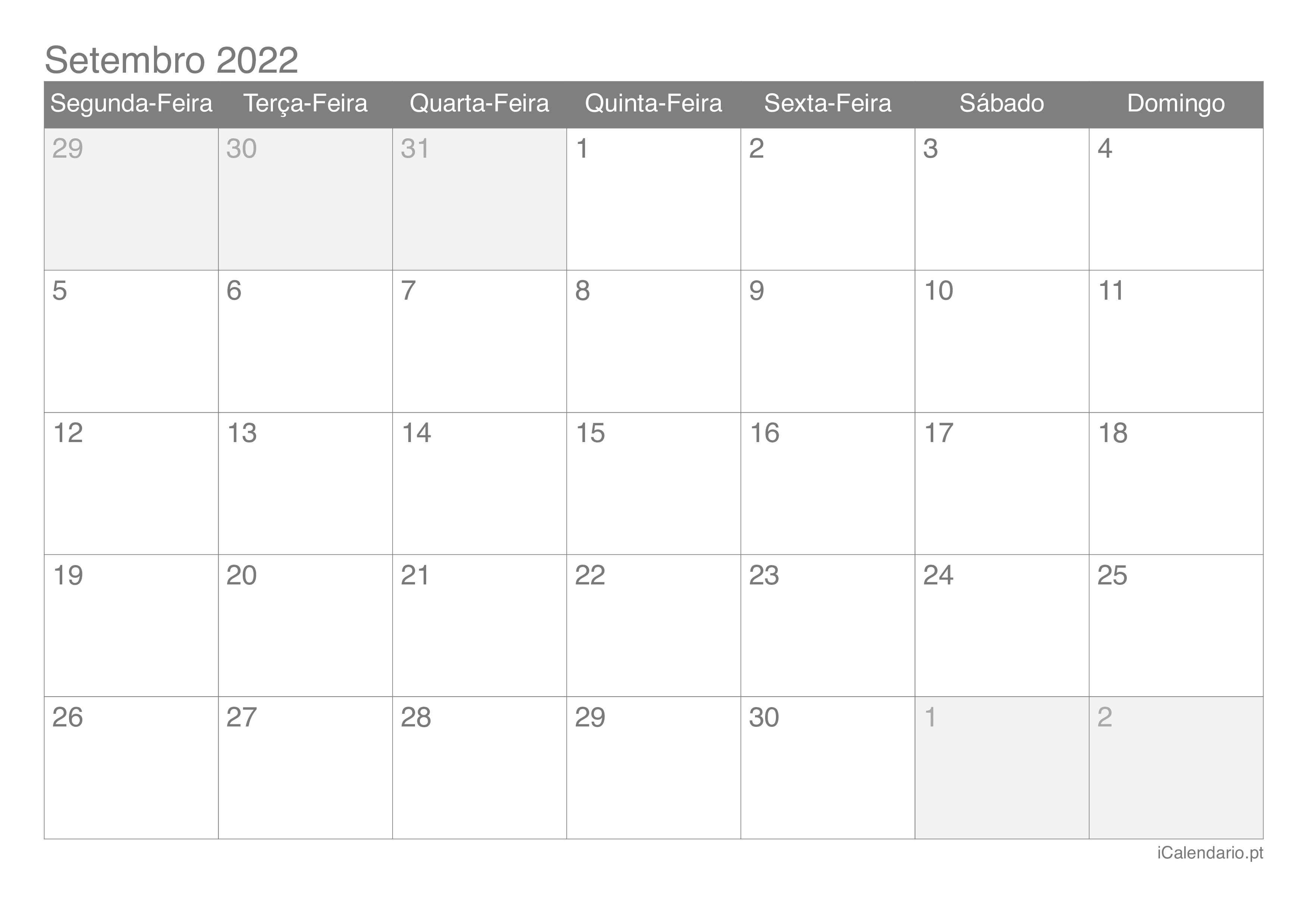 Calendário de setembro 2022
