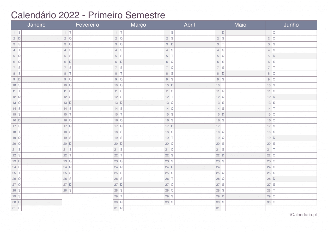 Calendário por semestre 2022 - Office