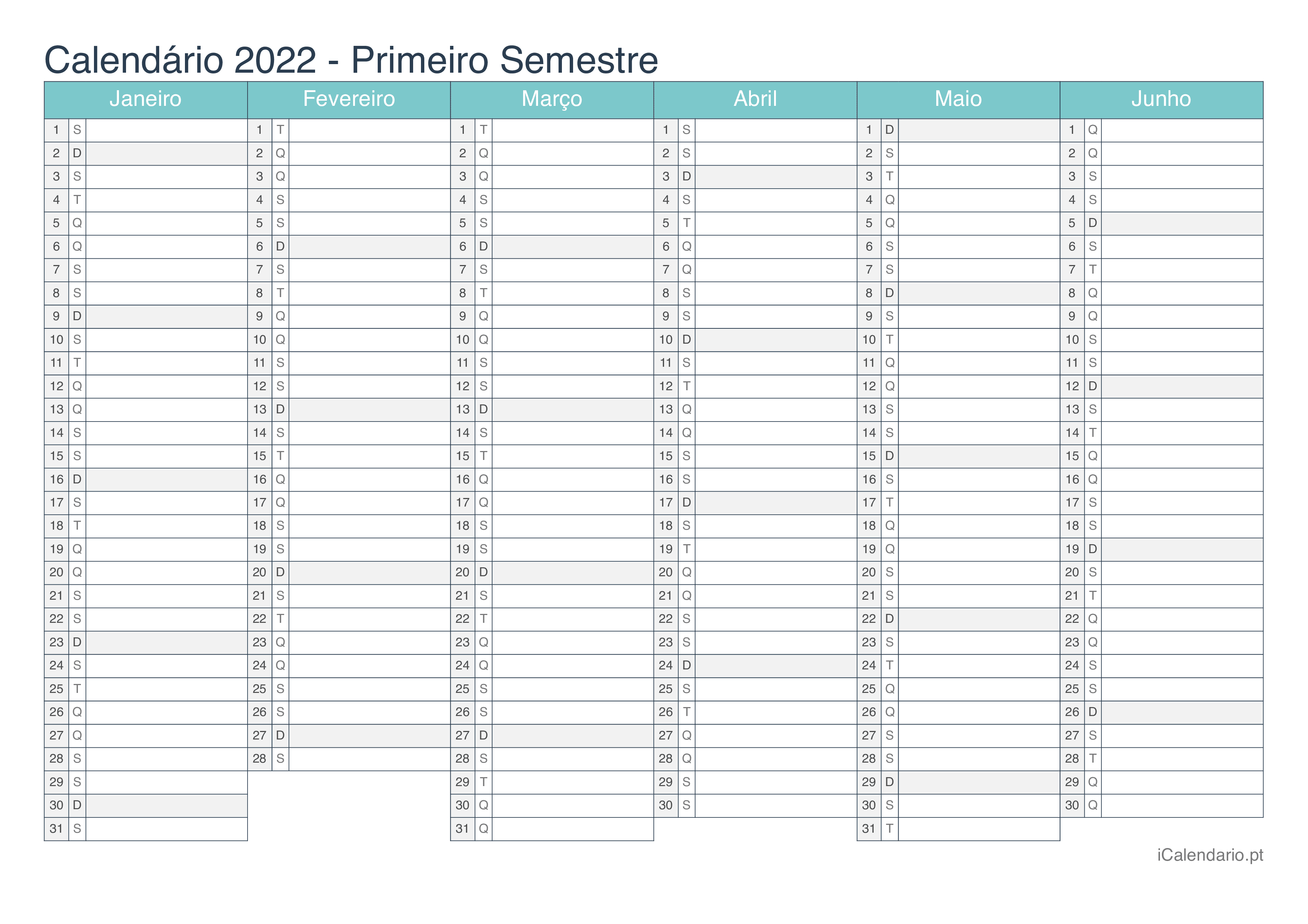 Calendário por semestre 2022 - Turquesa