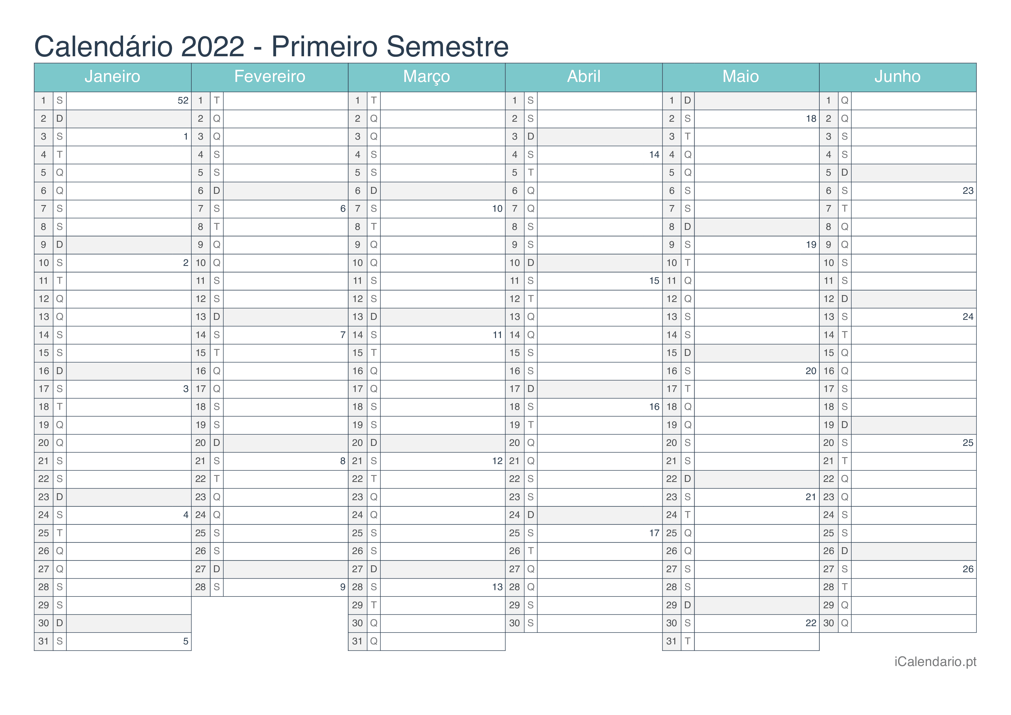 Calendário por semestre com números da semana 2022 - Turquesa