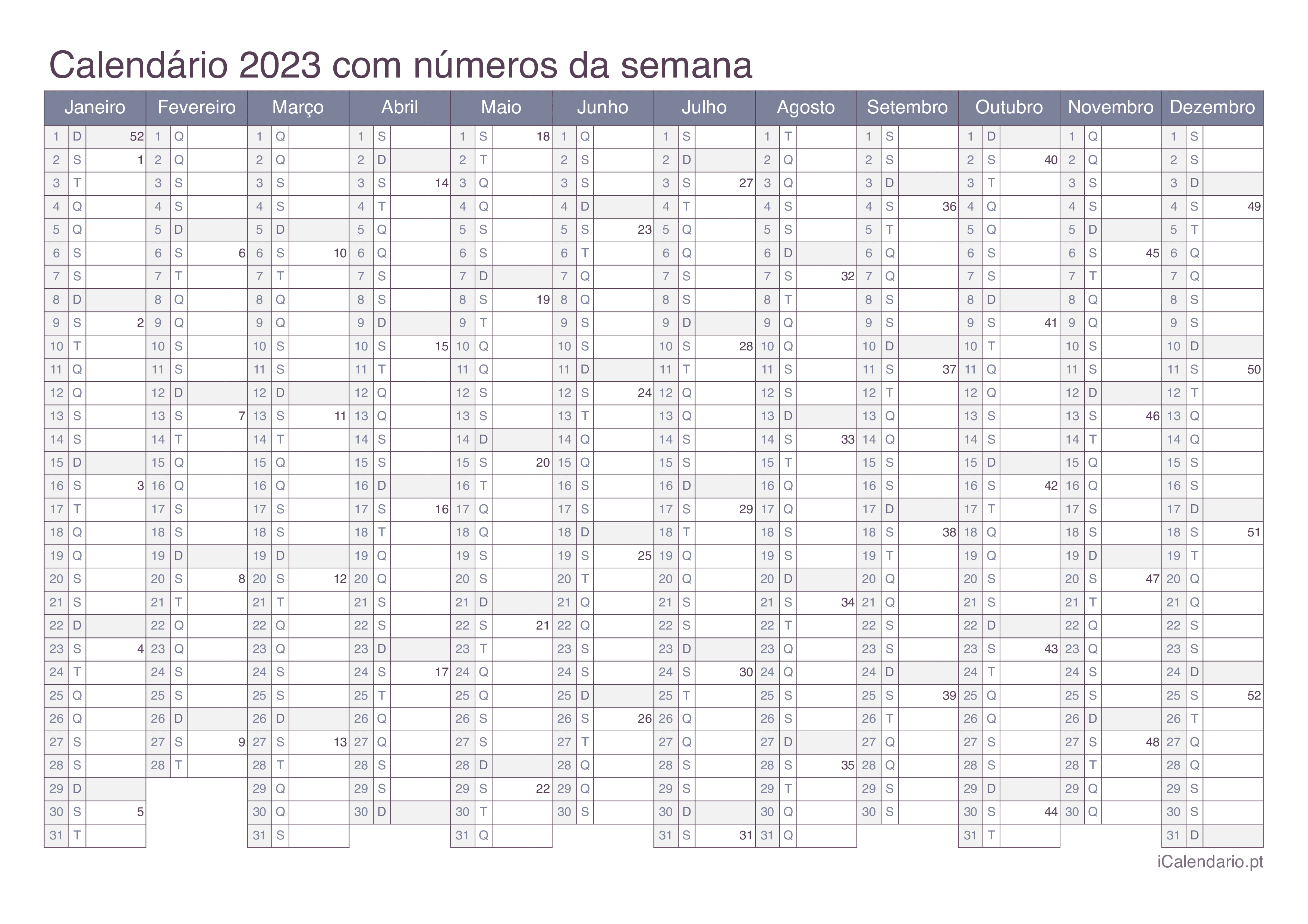 Calendário 2023 com números da semana - Office