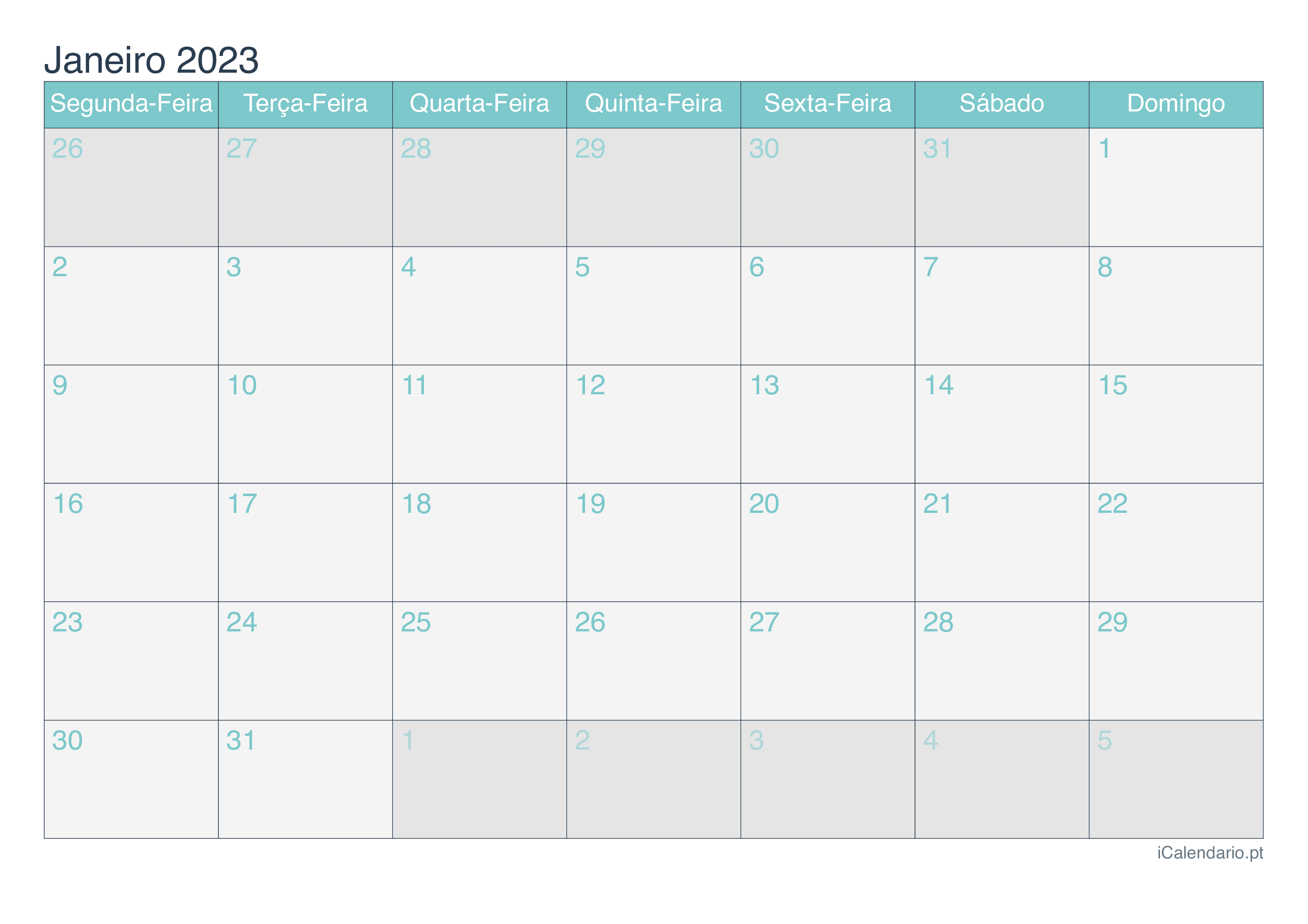 Calendário por mês 2023 - Turquesa