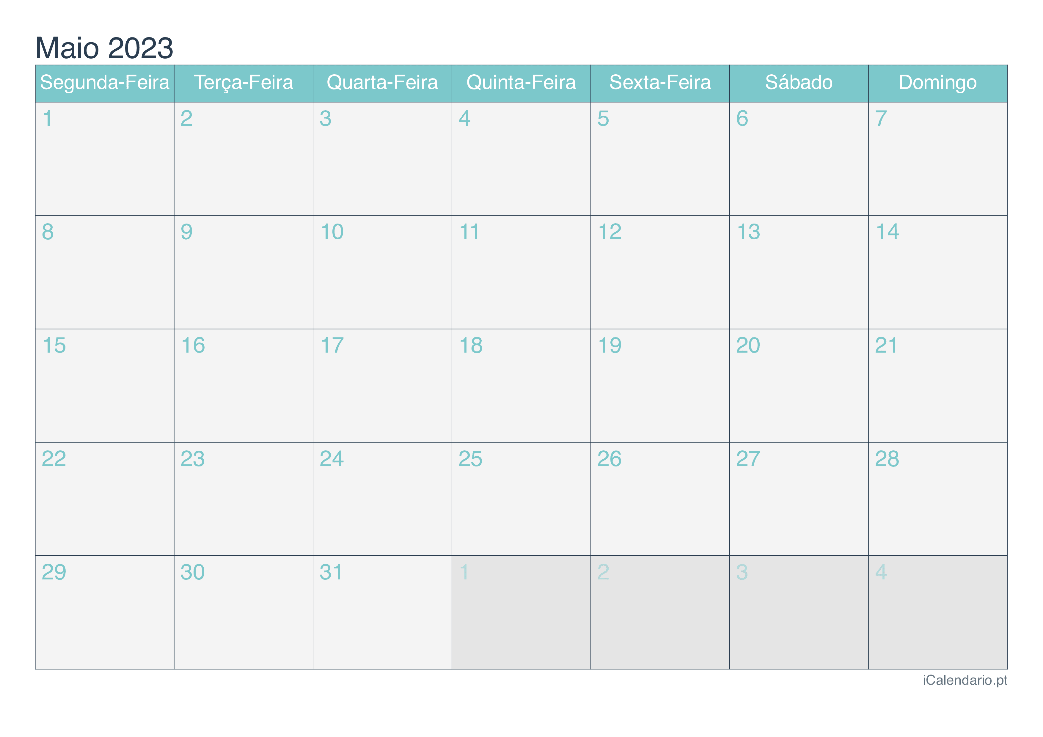 Calendário de maio 2023 - Turquesa