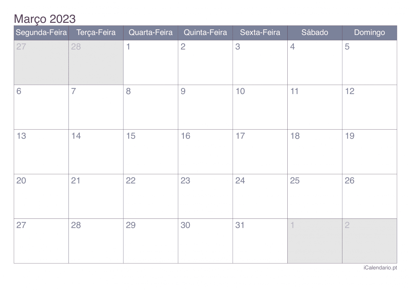 Calendário de março 2023 - Office