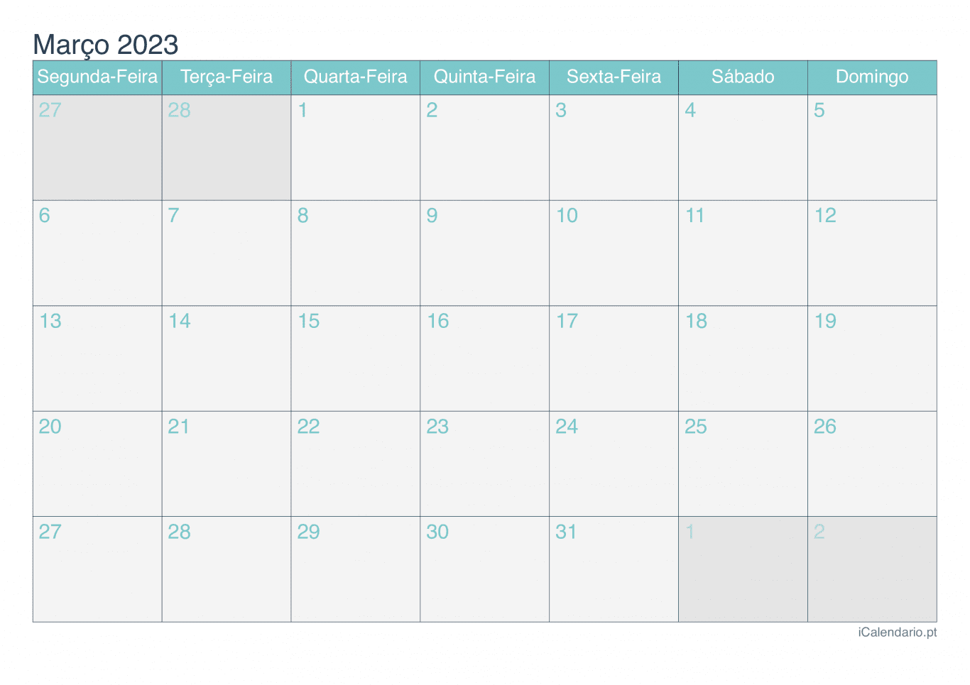 Calendário de março 2023 - Turquesa