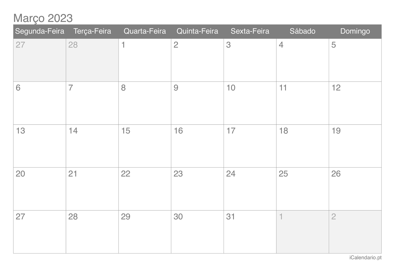 Calendário de março 2023