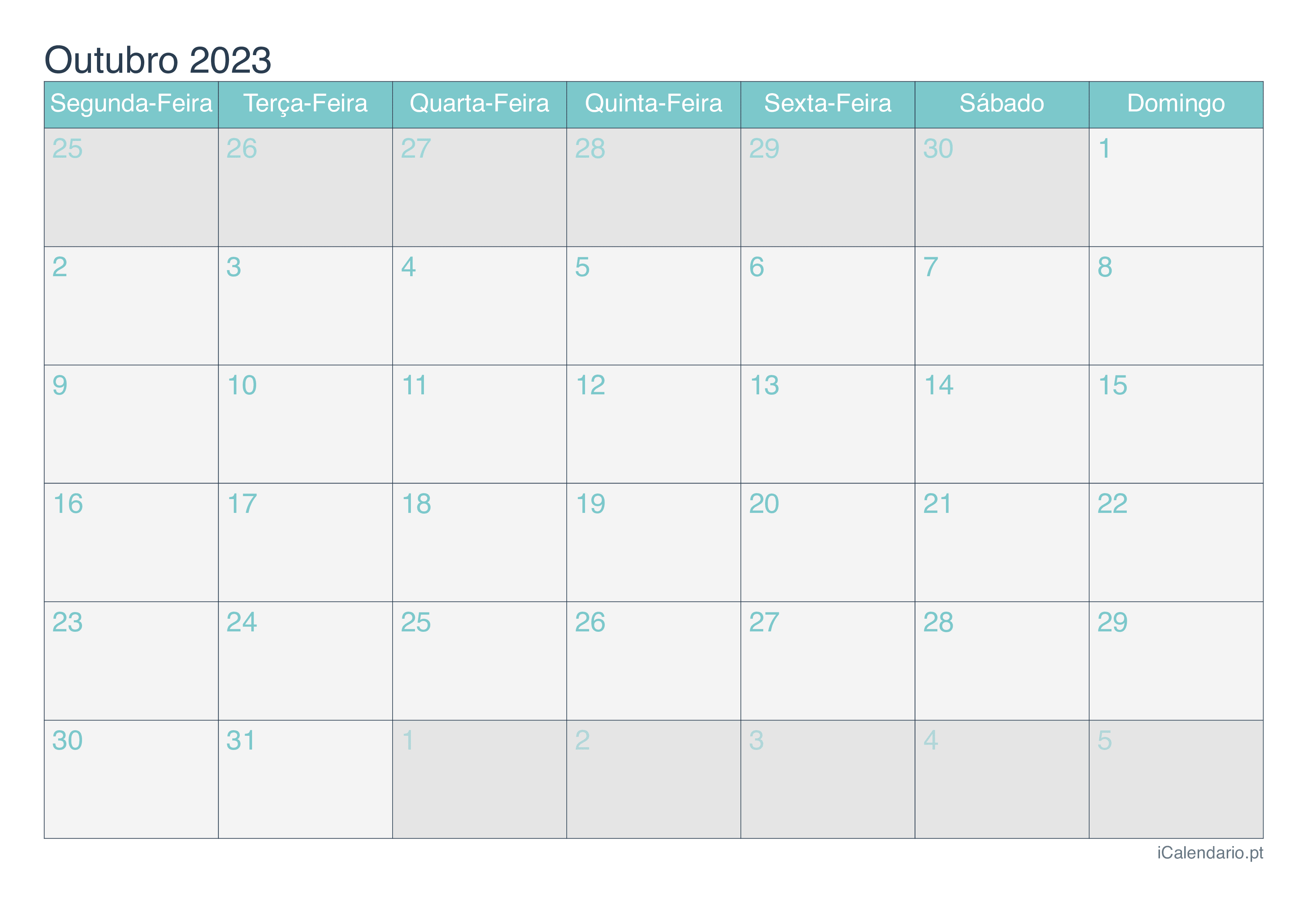 bloco trimestral de calendário para o ano de 2023, outubro de 2023