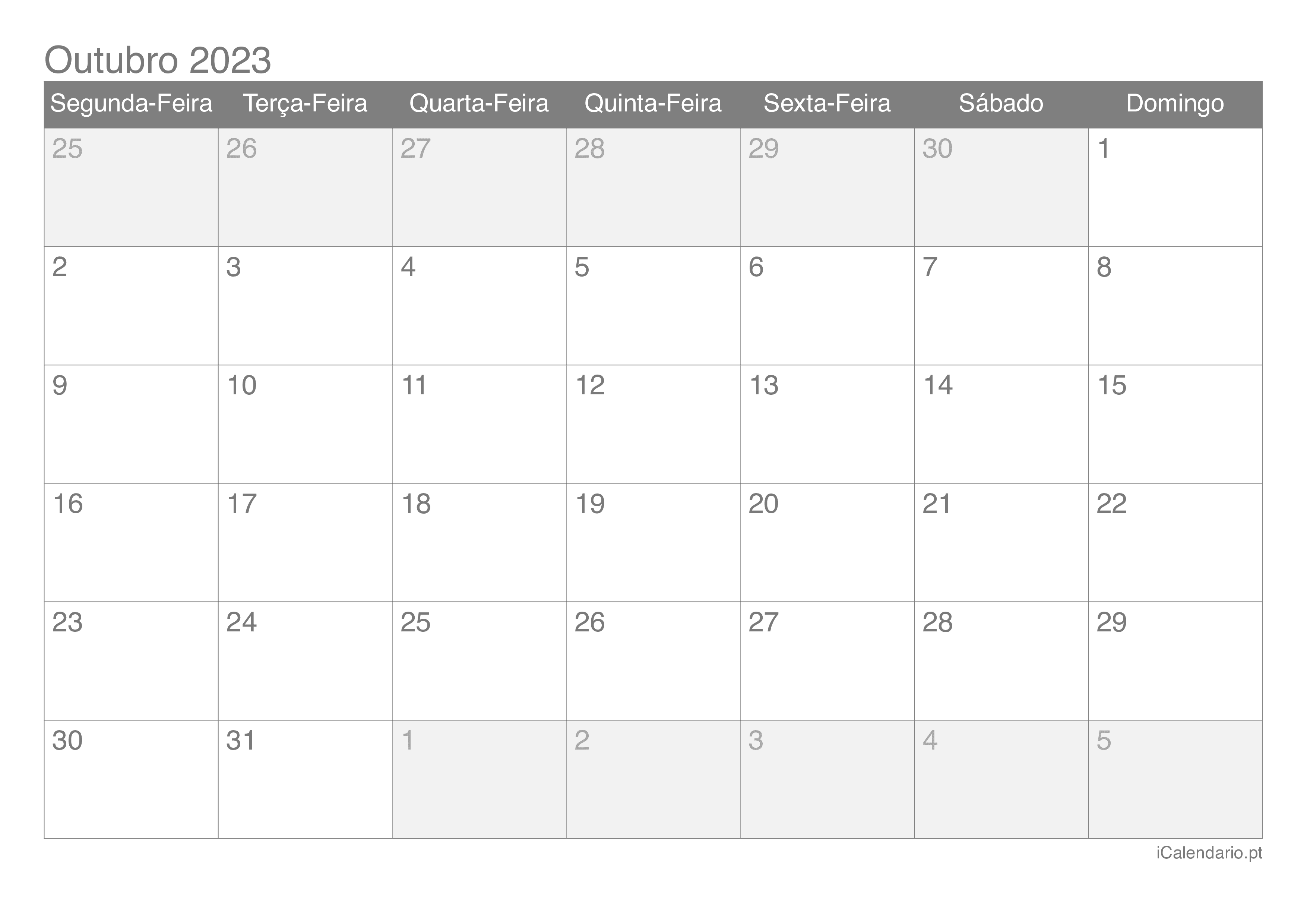 bloco trimestral de calendário para o ano de 2023, outubro de 2023