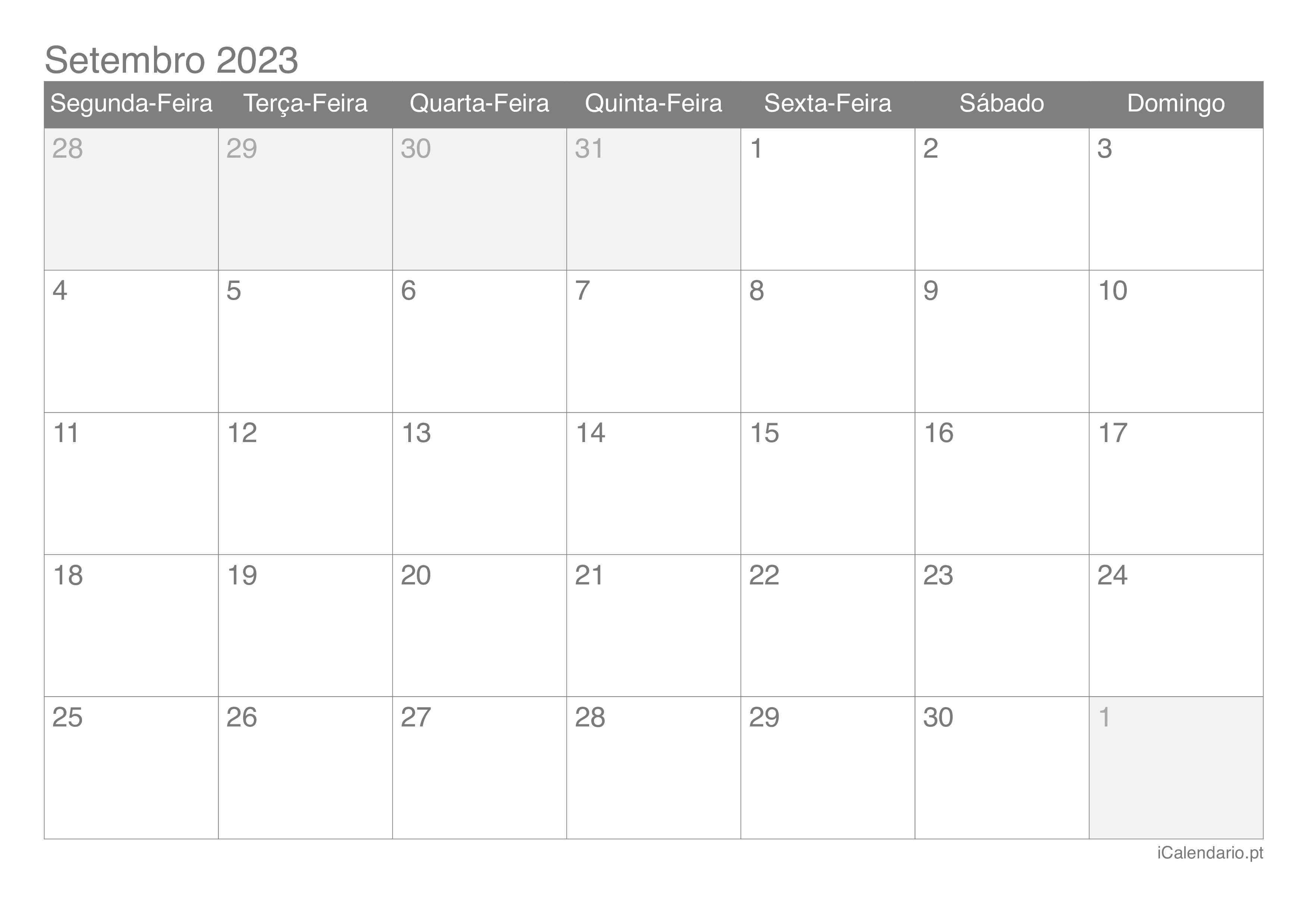 Calendário de setembro 2023
