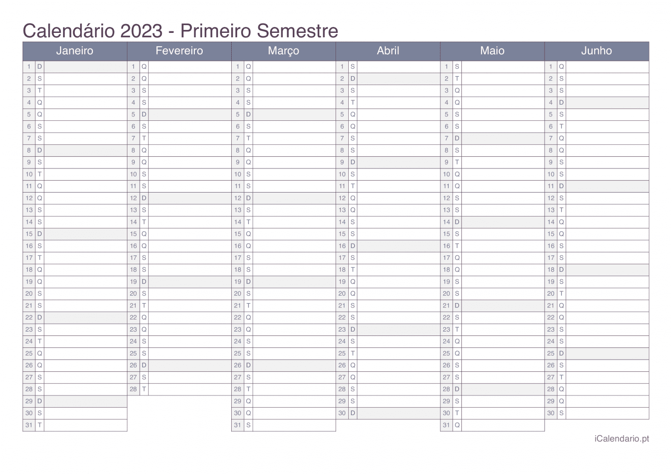 Calendário por semestre 2023 - Office