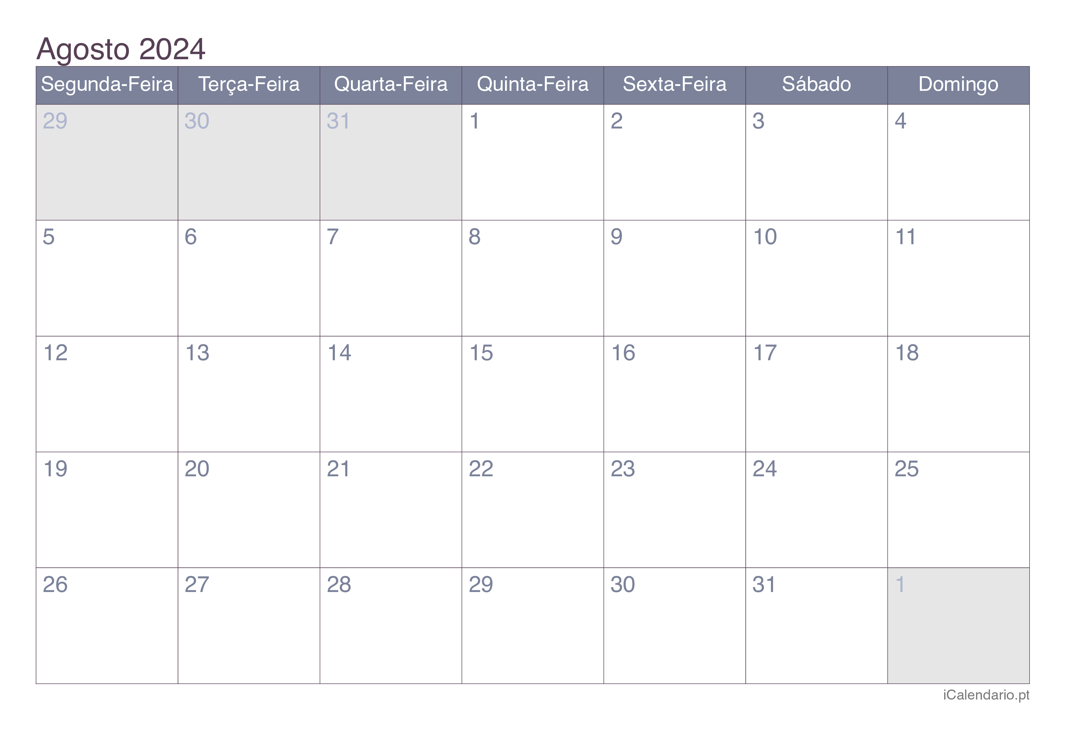 Calendário agosto de 2025 para imprimir