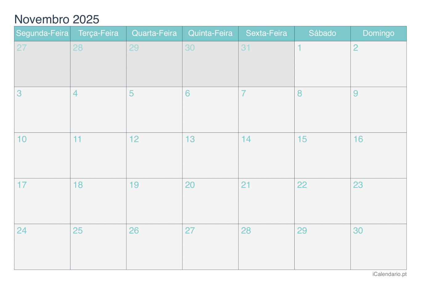 Calendário de novembro 2025 - Turquesa