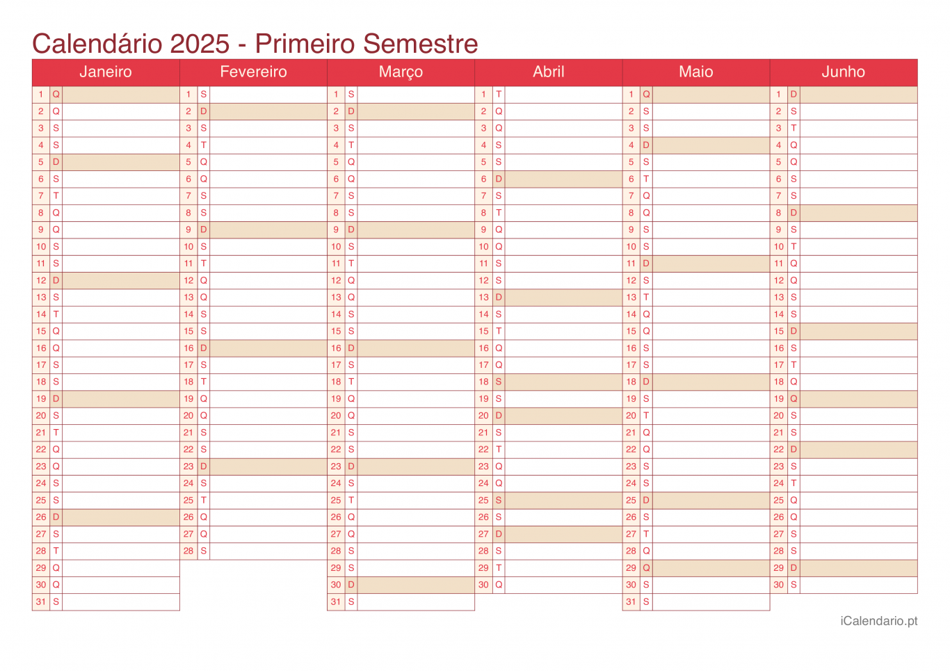 Calendário por semestre 2025 - Cherry