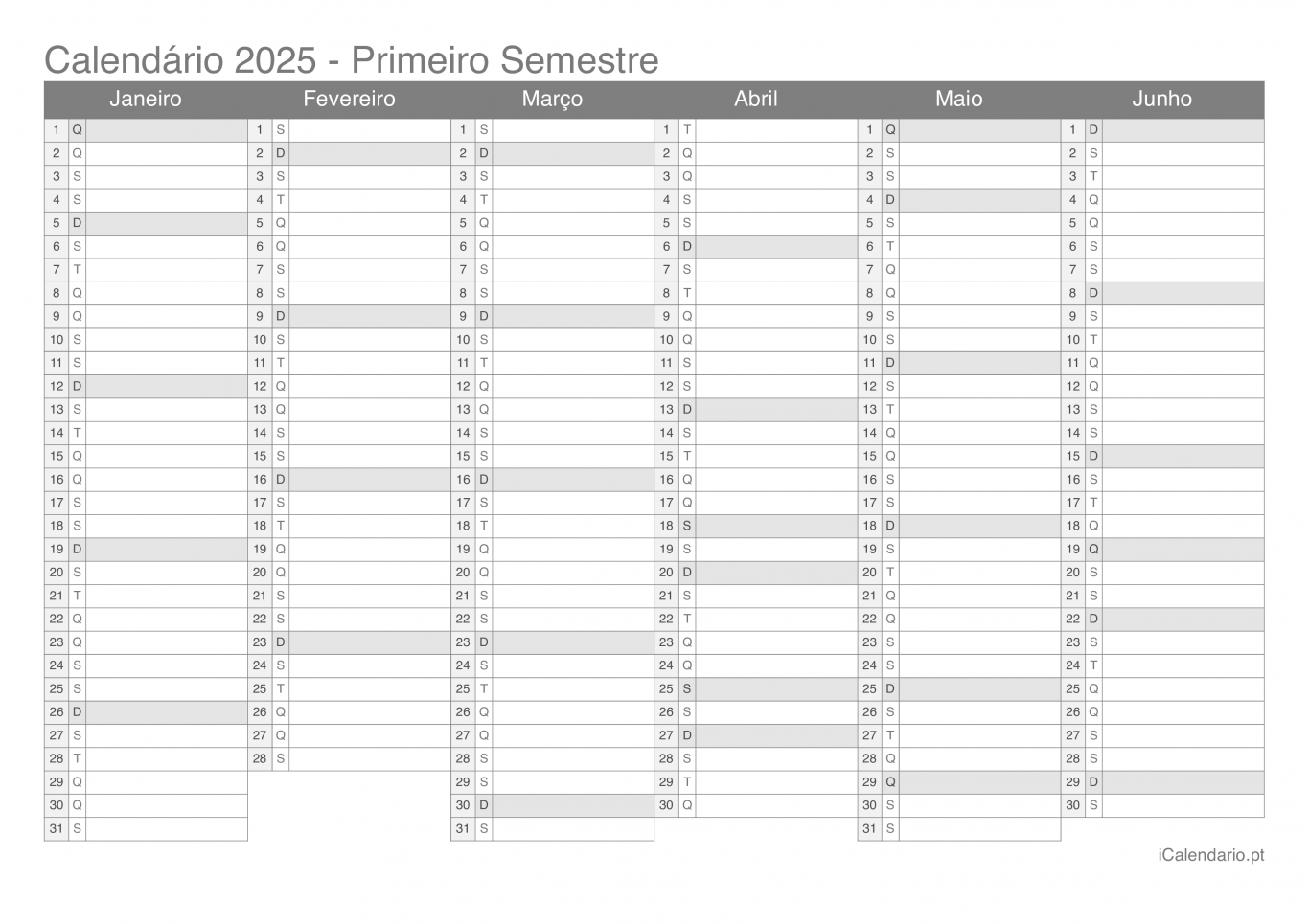 Calendário por semestre 2025