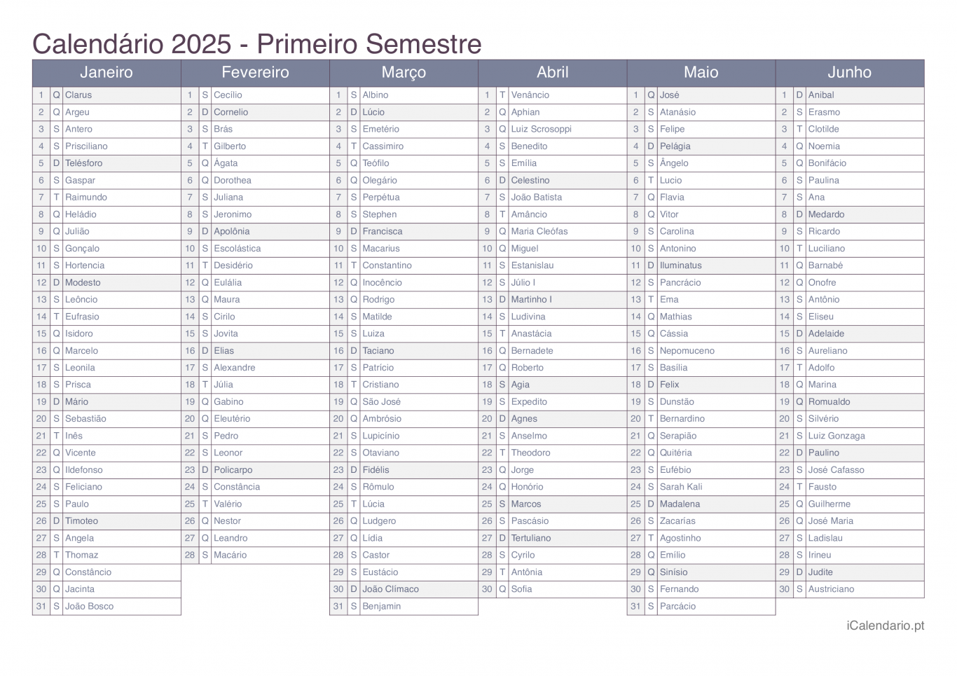 Calendário por semestre 2025 com festa do dia - Office